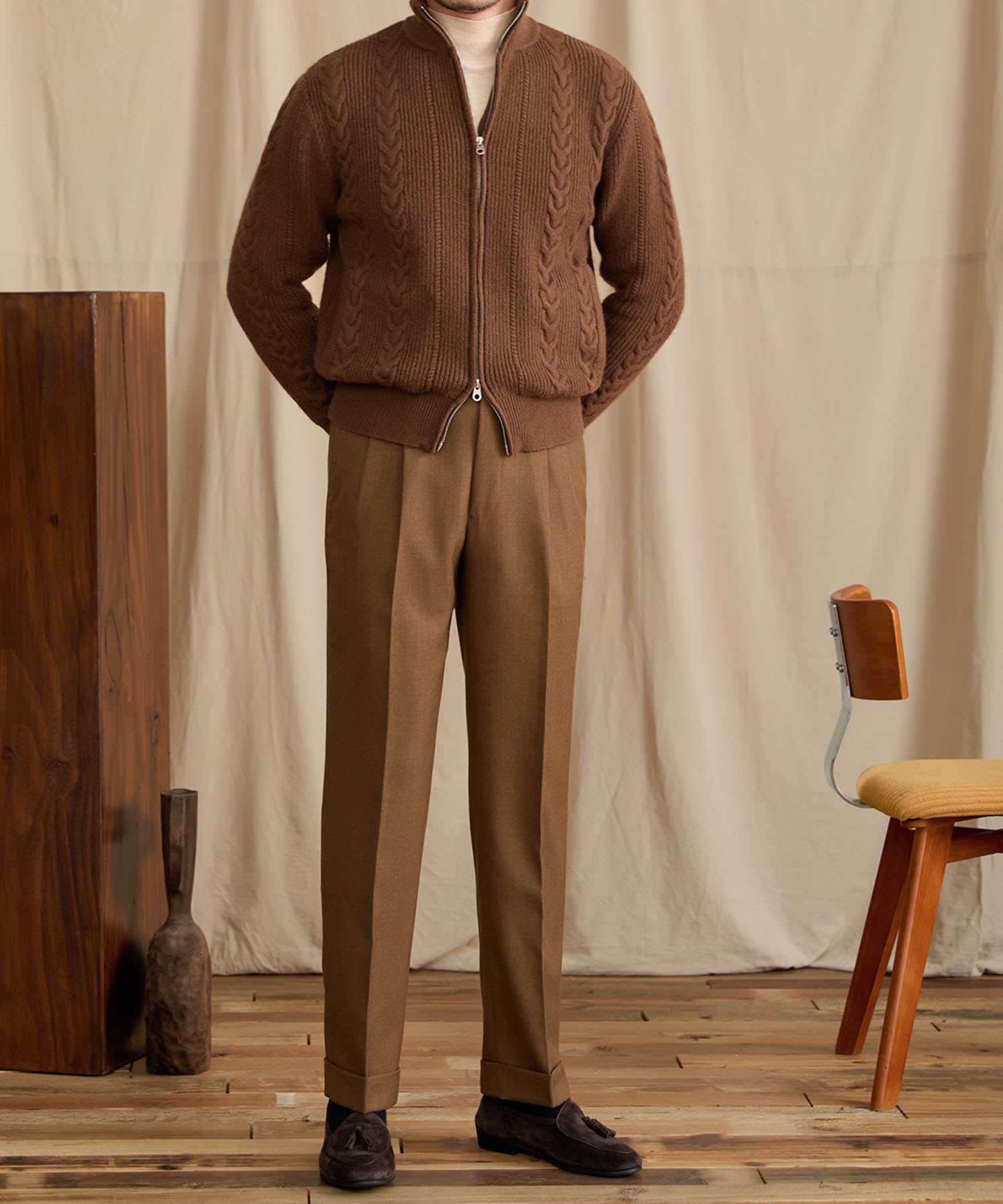 【COMING SOON】スリムフィット 2WAY 機能性抜群 オープン ジップ ケーブル編み シワになりにくい 清潔感 トップス リブ ニット セーター