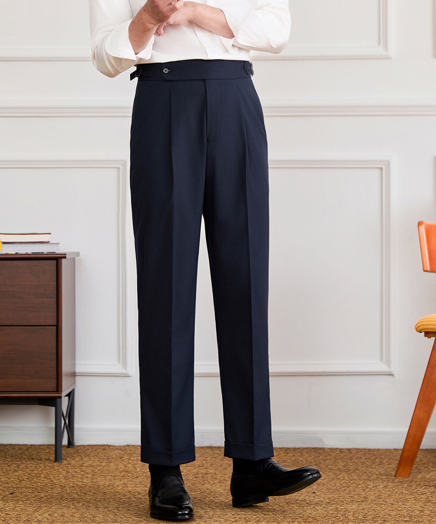 【NEW ITEM】スリムフィット 1つボタン ウエストサイドベルト ベルトレス サイズ調整可能 タック クリース シワになりにくい ダブル トラウザー パンツ スラックス ズボン