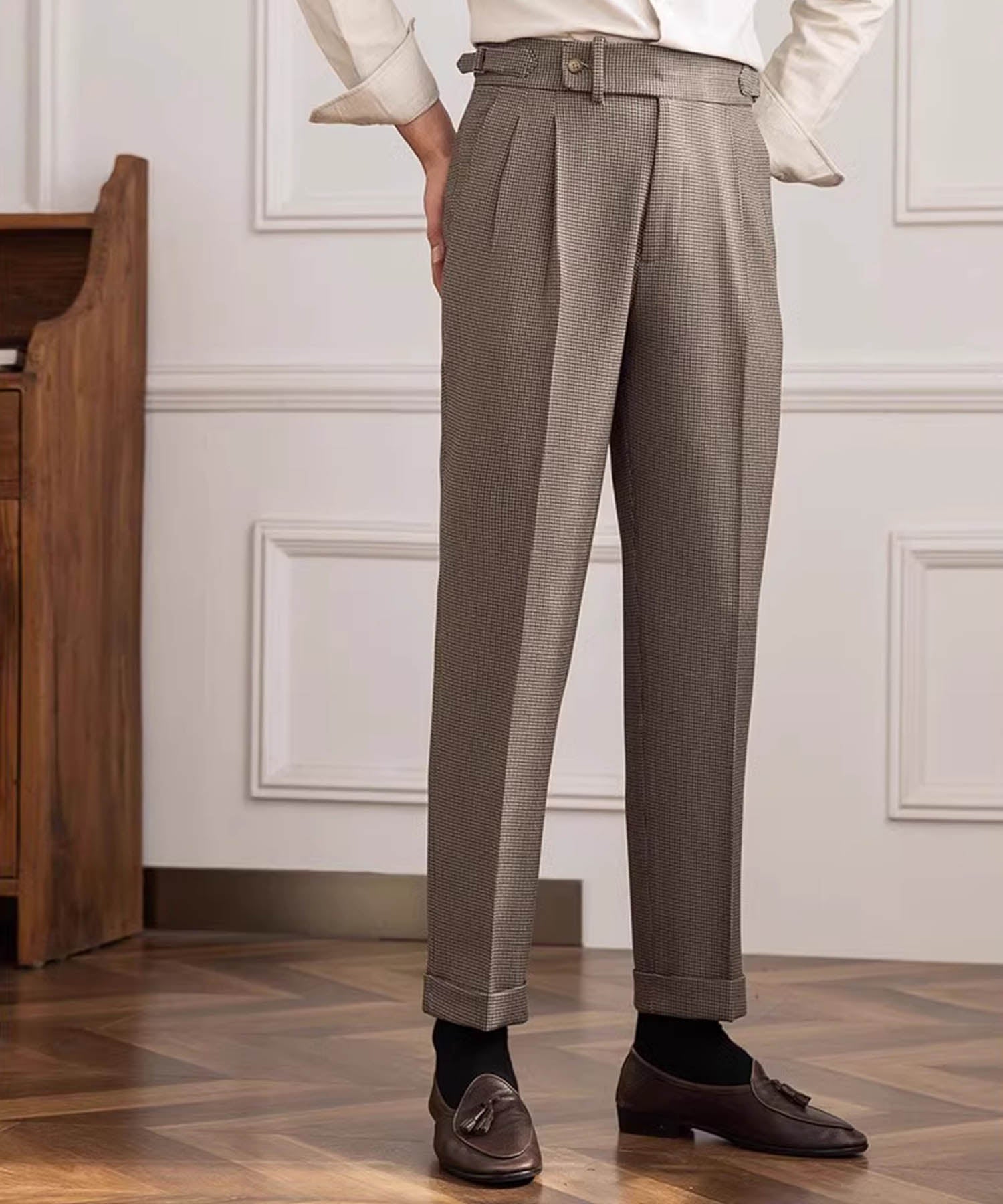 【ドラマ着用】スリムフィット ダブルブレスト 6つボタン 千鳥格子 綿 フラップポケット 胸ポケット 機能性抜群 シワになりにくい ピークドラペル エレガント テーラード セットアップ