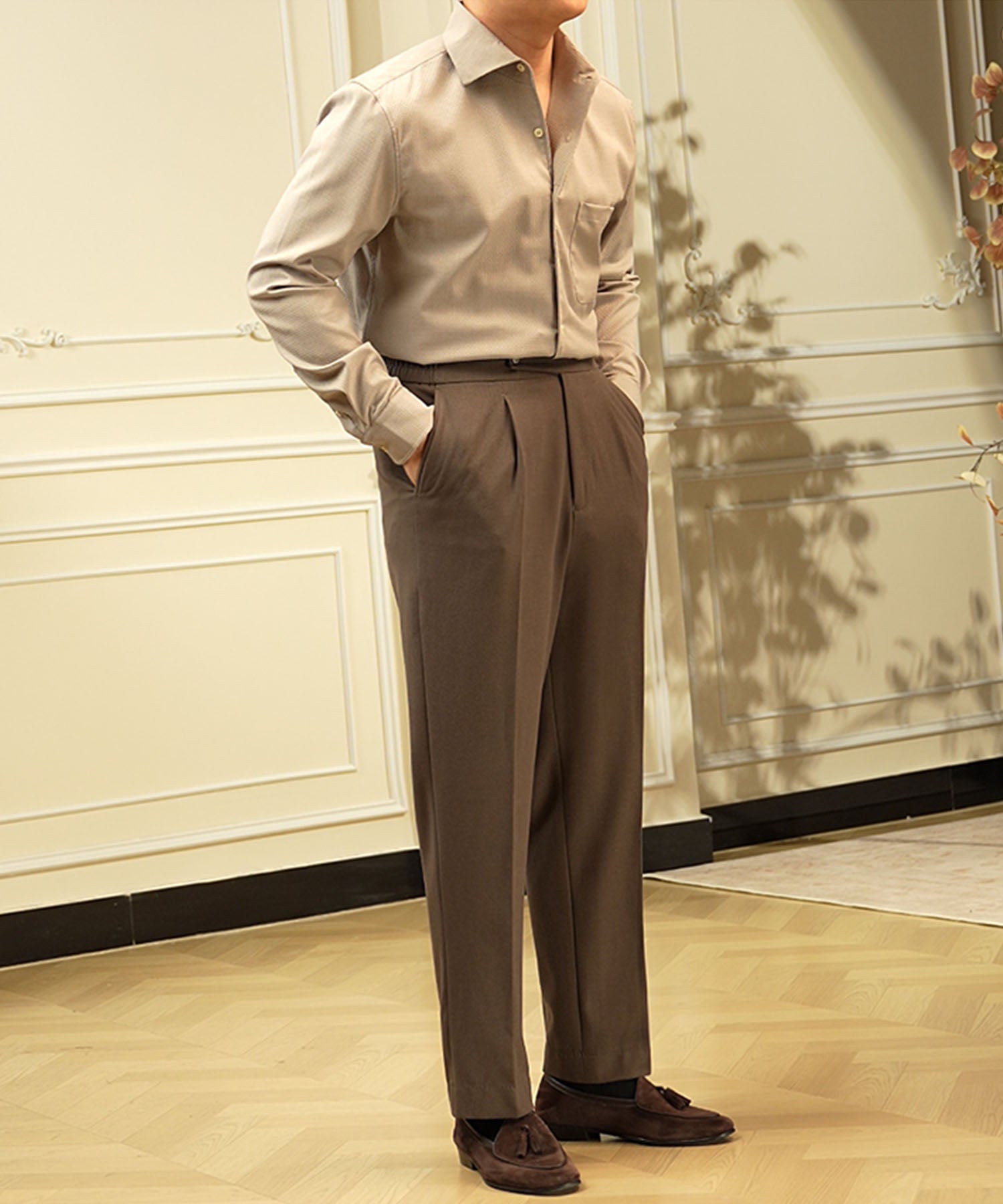 【COMING SOON】スリムフィット 1つボタン ラップウエスト ベルトレス タック クリース エレガント シワになりにくい ダブル トラウザー パンツ スラックス ズボン