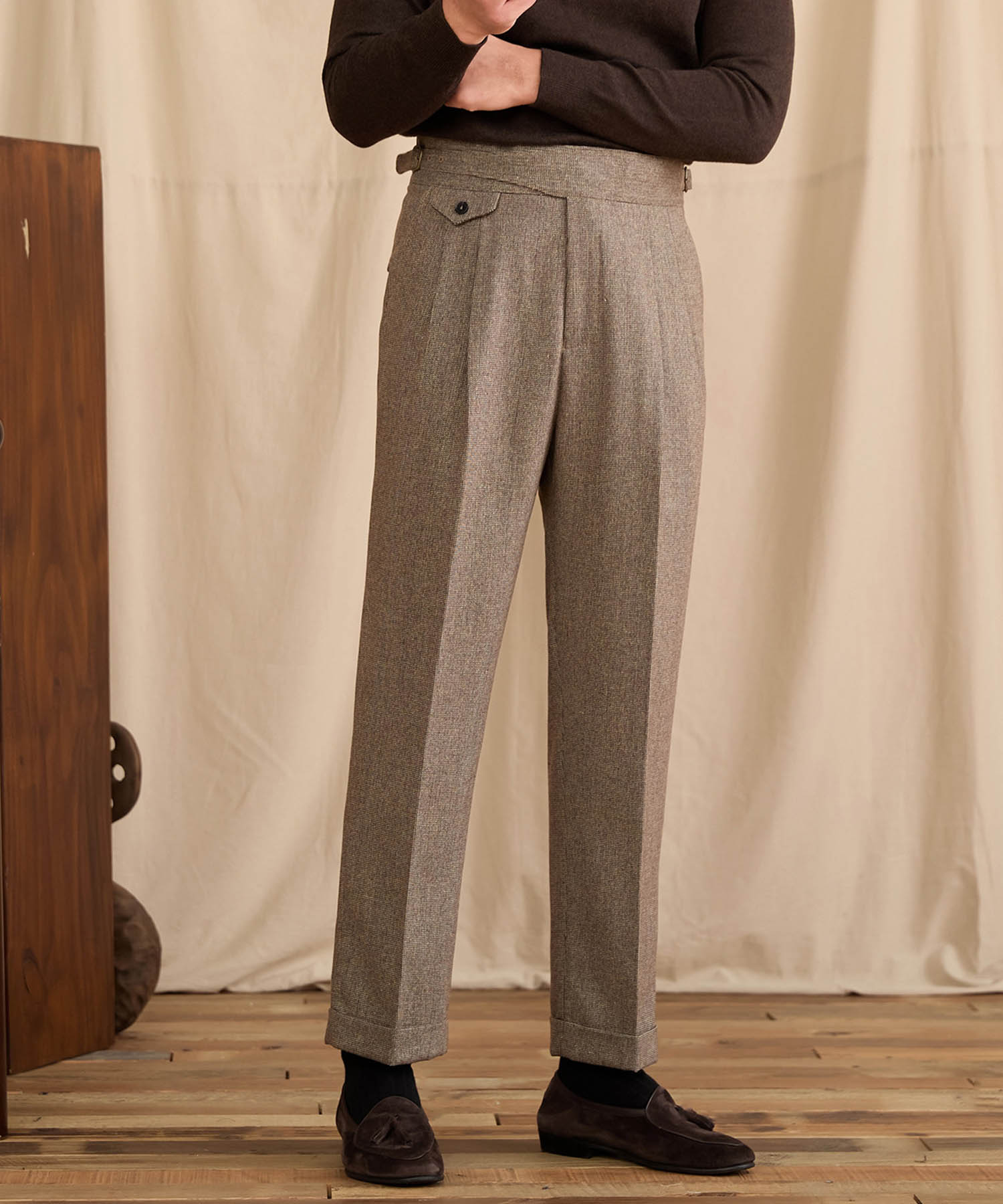 【NEW ITEM】レギュラーフィット 1つボタン ラップウエスト サイズ調整可能 ウール ハイウエスト コインポケット クリース クラシック シワになりにくい ダブル トラウザー パンツ スラックス ズボン