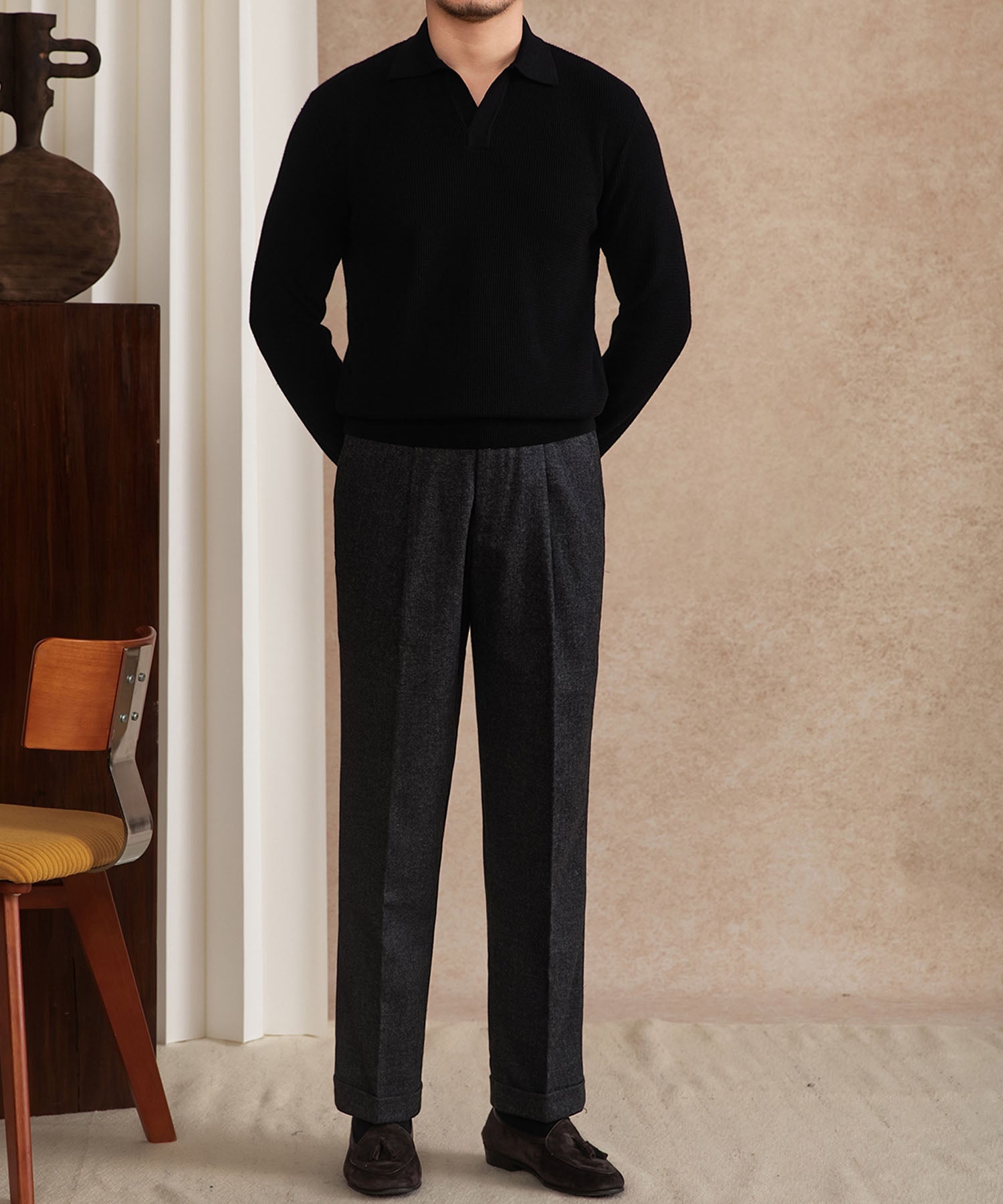 【NEW ITEM】スリムフィット 機能性抜群 襟付き 上品 シワになりにくい スマート トップス ロングスリーブ ポロ リブ ニット セーター