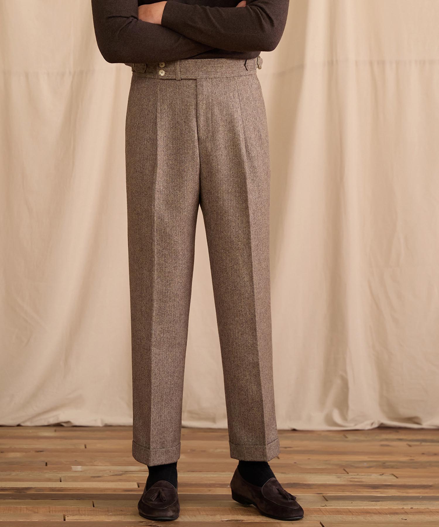 【NEW ITEM】レギュラーフィット 2つボタン ウエストサイドベルト サイズ調整可能 ウール ツータック クリース クラシック シワになりにくい ダブル トラウザー パンツ スラックス ズボン