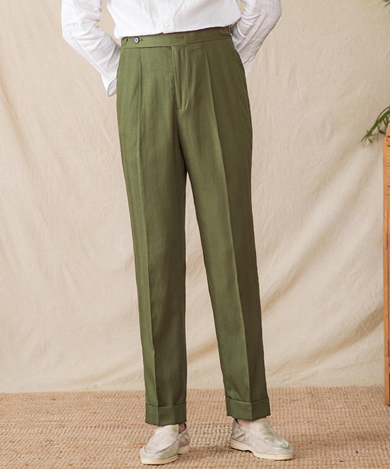 【NEW ITEM】レギュラーフィット 1つボタン ウエストサイドベルト サイズ調整可能 ストレート トラウザー パンツ シワになりにくい クラシック 麻 ダブル スラックス ズボン