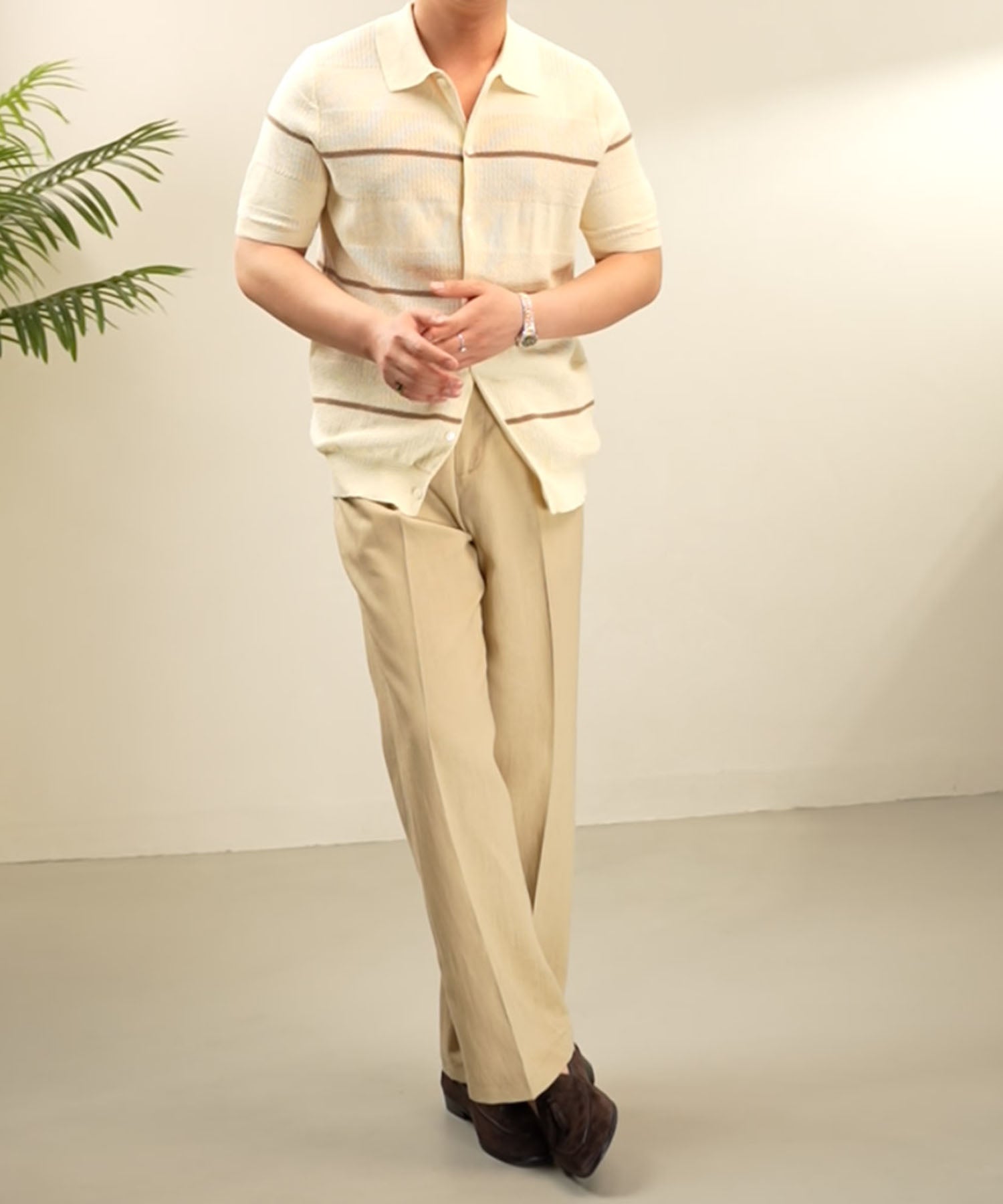 【NEW ITEM】スリムフィット 前あき ボタン 切り替え 麻 綿 機能性抜群 通気性抜群 シワになりにくい 清潔感 清涼感 トップス サマーニット シャツ
