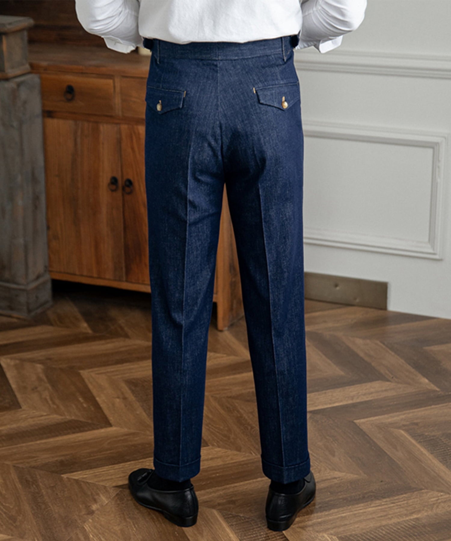 【ドラマ着用】デニム生地 2つボタン ウエストサイドベルト サイズ調整可能 メンズ ストレート トラウザー パンツ シワになりにくい エレガント スラックス ズボン