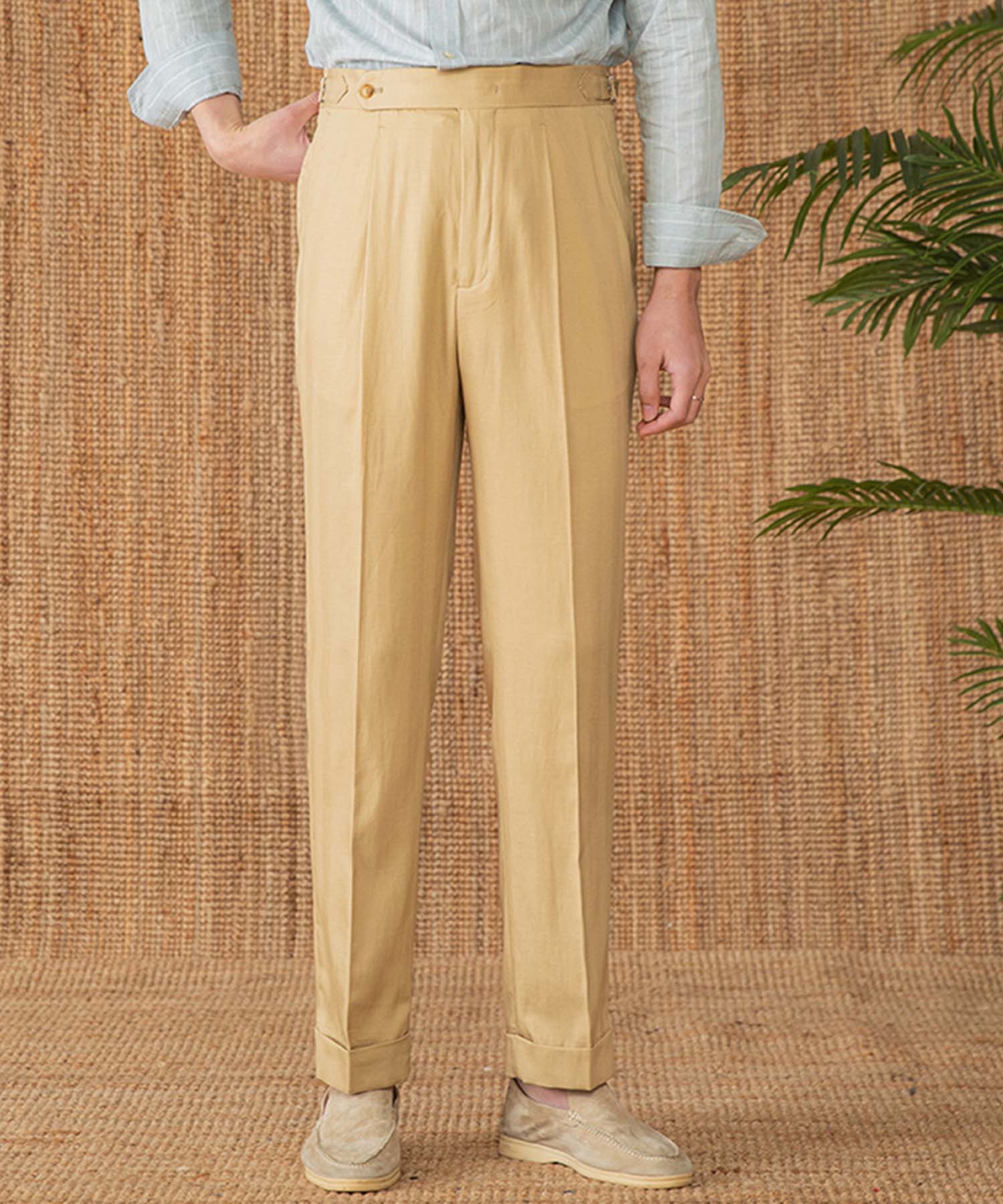 【NEW ITEM】レギュラーフィット 1つボタン ウエストサイドベルト サイズ調整可能 ストレート トラウザー パンツ シワになりにくい クラシック 麻 ダブル スラックス ズボン
