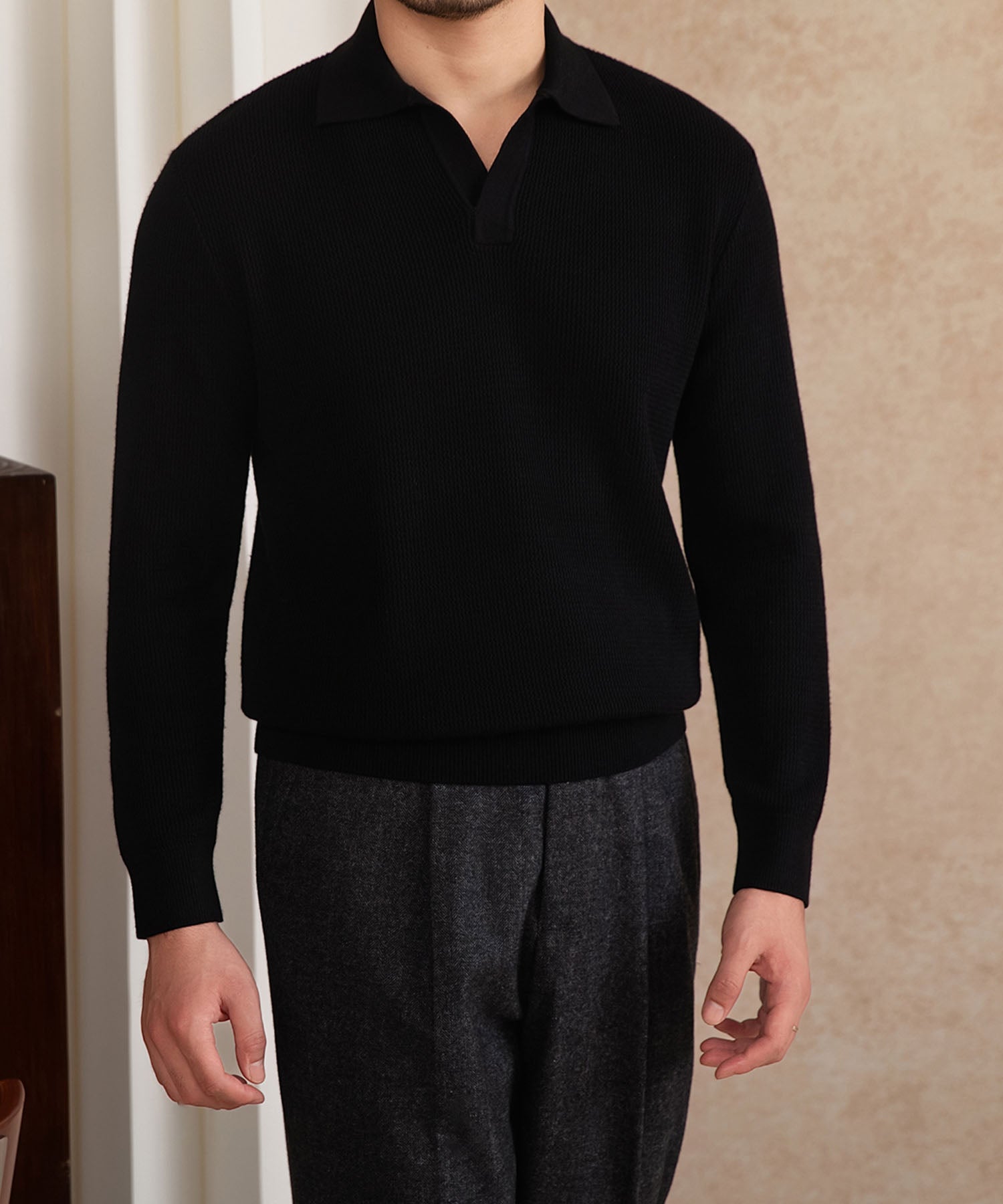 【NEW ITEM】スリムフィット 機能性抜群 襟付き 上品 シワになりにくい スマート トップス ロングスリーブ ポロ リブ ニット セーター