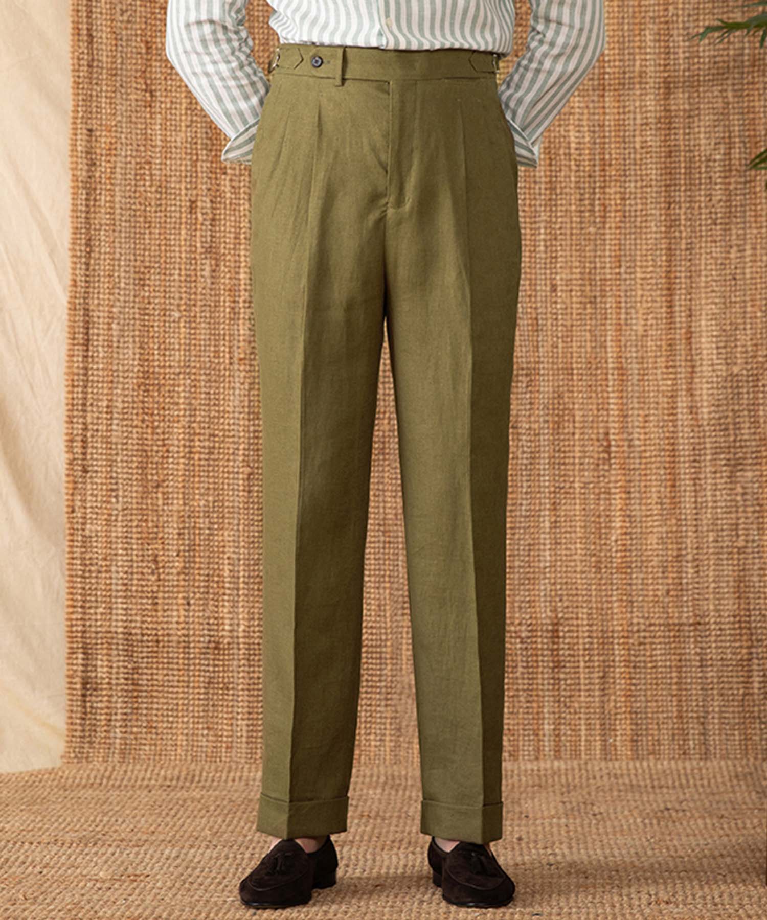 【NEW ITEM】レギュラーフィット 1つボタン ウエストサイドベルト サイズ調整可能 クリース ワイド ストレート トラウザー パンツ シワになりにくい 麻 スラックス ズボン