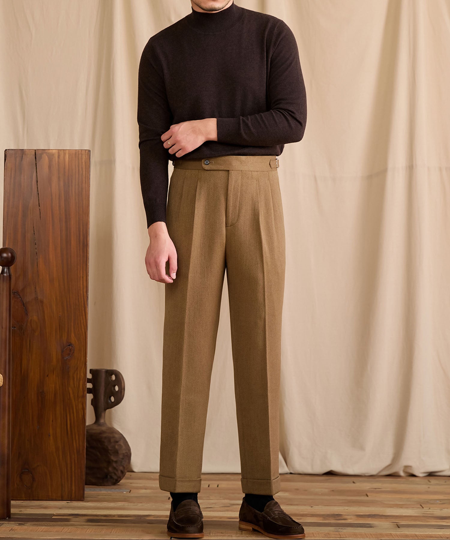 【NEW ITEM】スリムフィット 1つボタン ウエストサイドベルト サイズ調整可能 ウール ツータック クリース シワになりにくい ダブル トラウザー パンツ スラックス ズボン