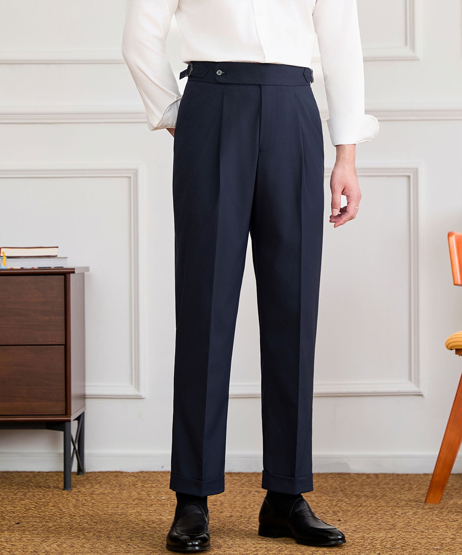 【NEW ITEM】スリムフィット 1つボタン ウエストサイドベルト ベルトレス サイズ調整可能 タック クリース シワになりにくい ダブル トラウザー パンツ スラックス ズボン