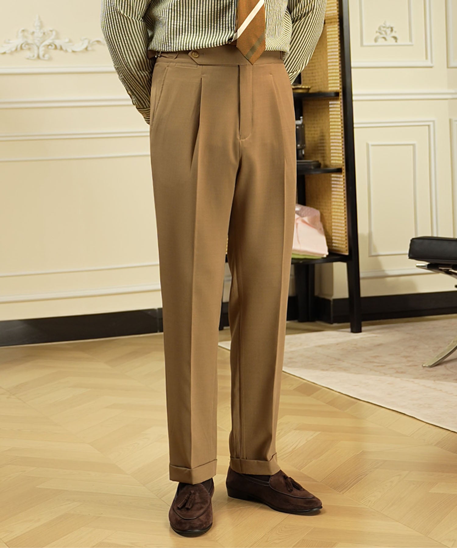 スリムフィット 1つボタン ウエストサイドベルト アジャスター サイズ調整可能 タック クリース シワになりにくい クラシック エレガンス ダブル トラウザー パンツ スラックス ズボン