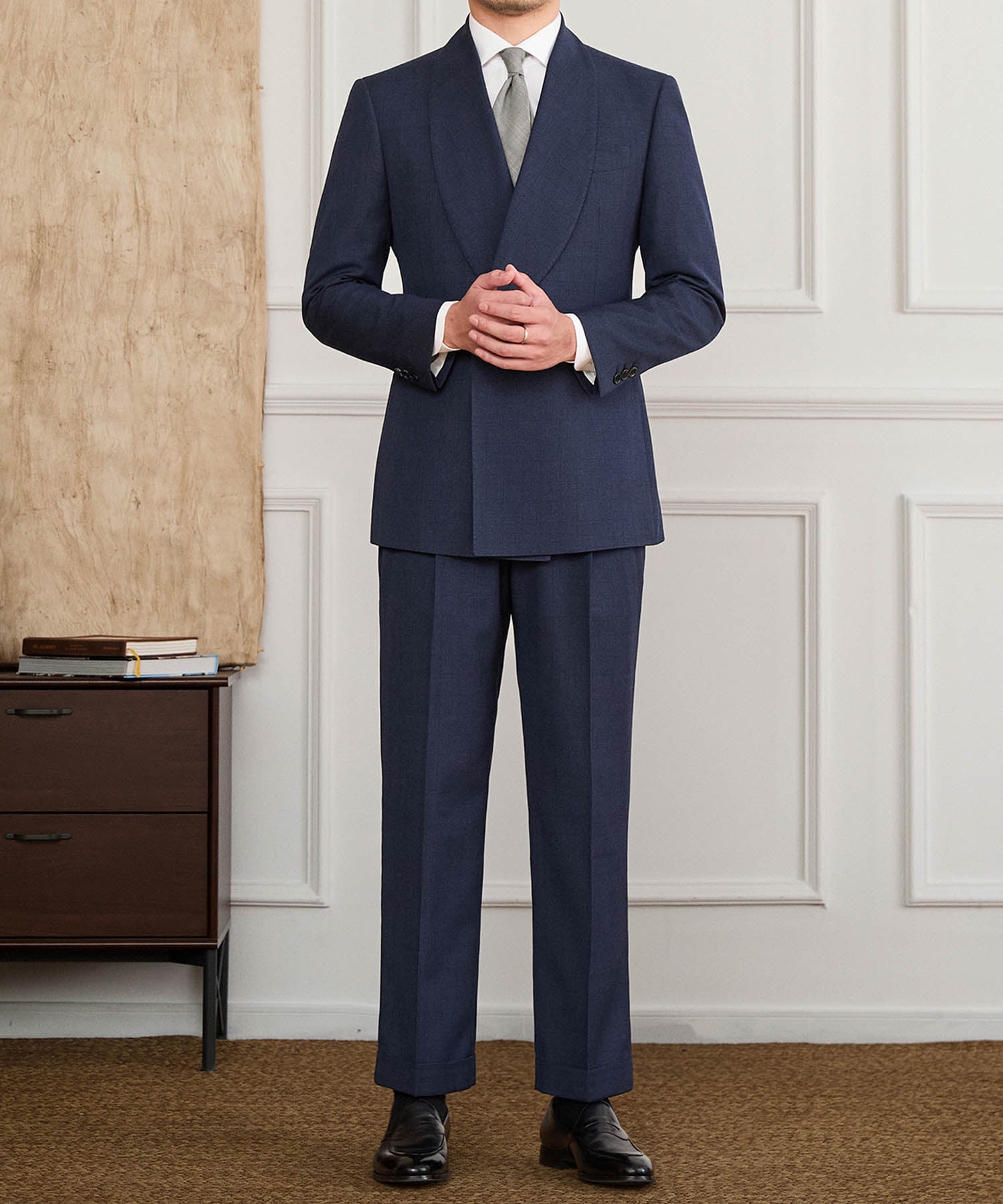 【NEW ITEM】スリムフィット ダブルブレスト 2つボタン ワイド ショールカラー 玉縁ポケット ミニマル クラシック スタンダード 機能性抜群 シワになりにくい エレガント セットアップ