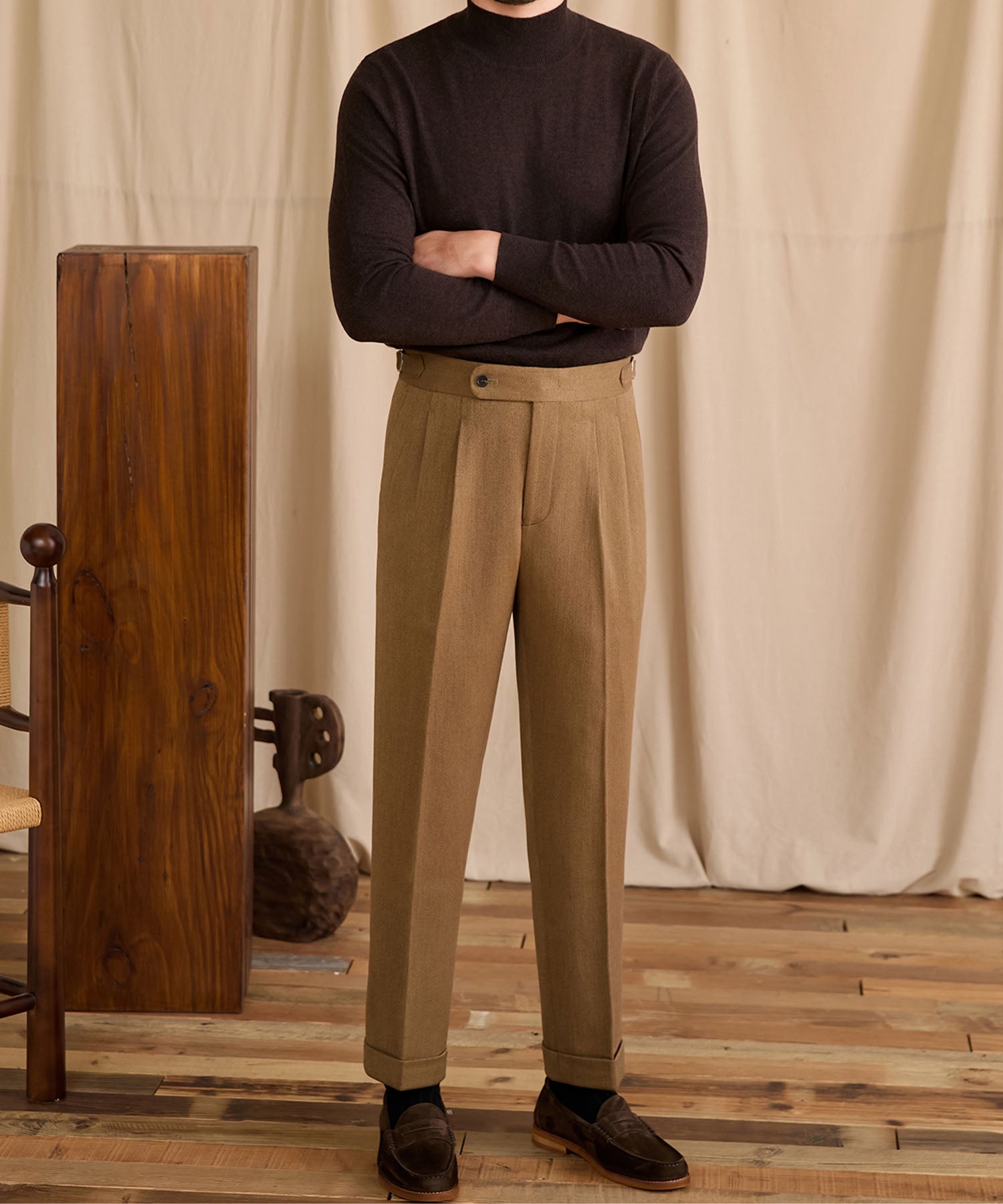 【NEW ITEM】スリムフィット 1つボタン ウエストサイドベルト サイズ調整可能 ウール ツータック クリース シワになりにくい ダブル トラウザー パンツ スラックス ズボン