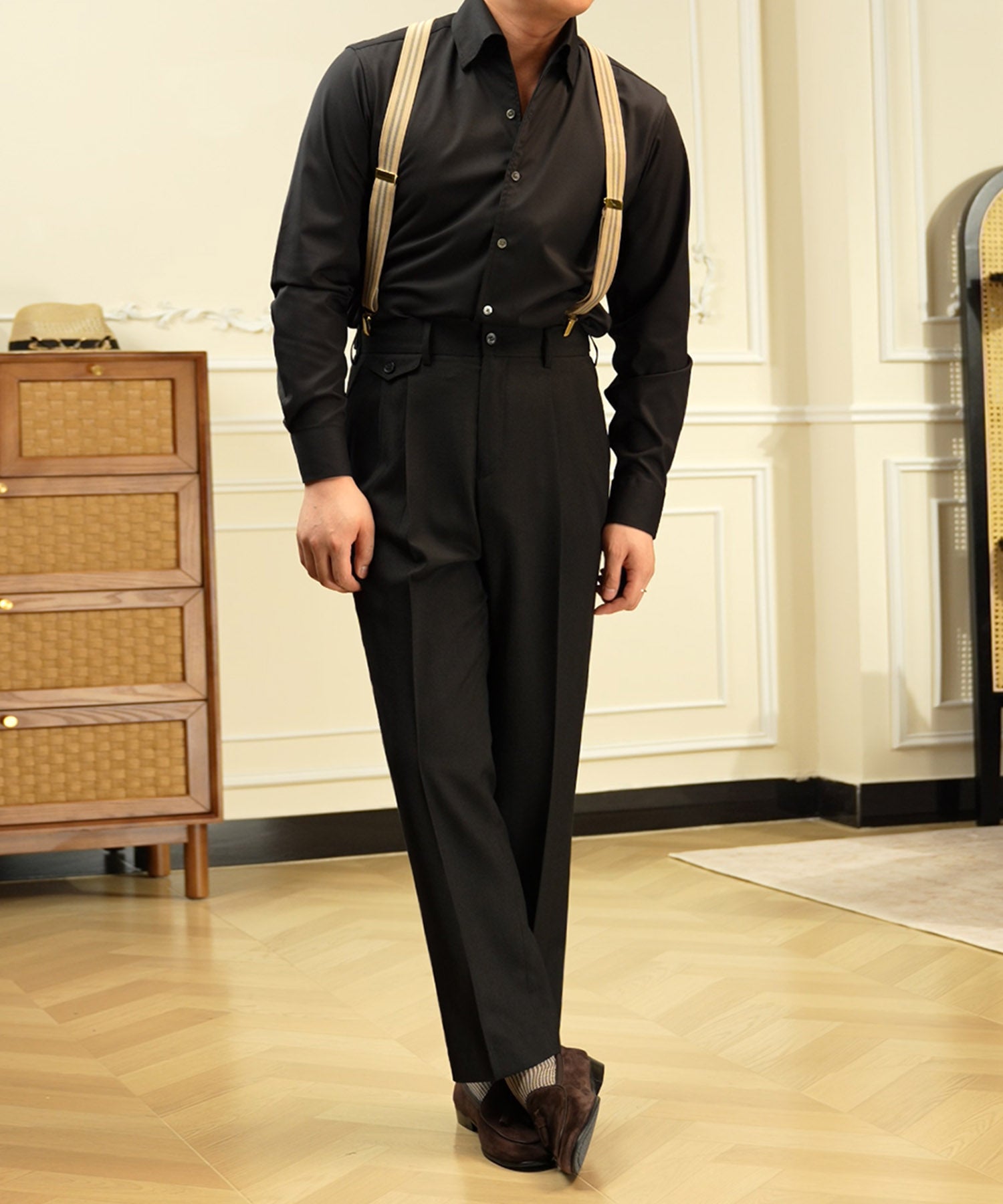 スリムフィット ベルトループ コインポケット クリース ツータック シワになりにくい クラシック ダブル トラウザー パンツ スラックス ズボン