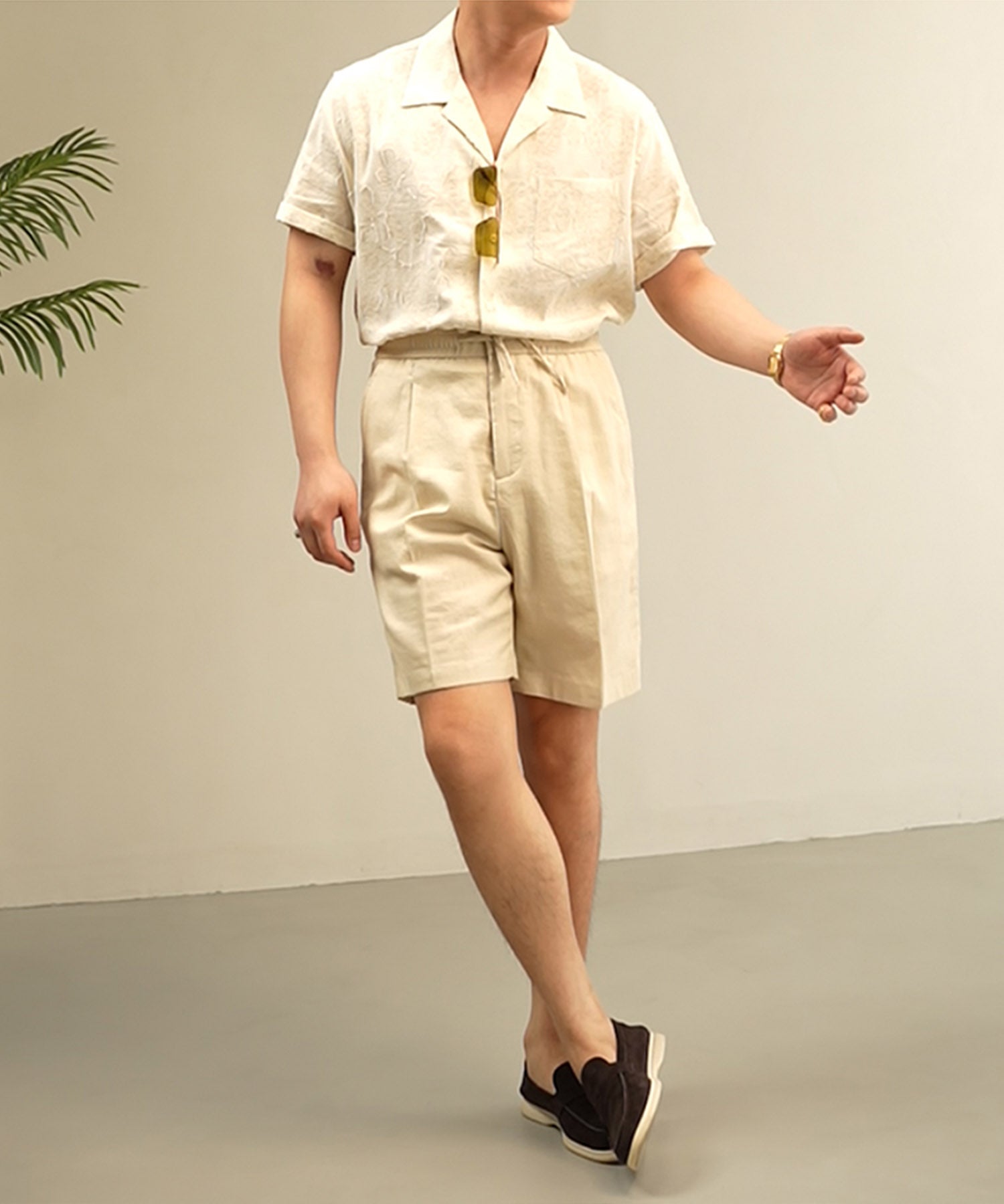 【NEW ITEM】スリムフィット 機能性抜群 通気性抜群 麻 異素材 柄 シワになりにくい 清潔感 清涼感 エレガンス トップス 開襟 シャツ