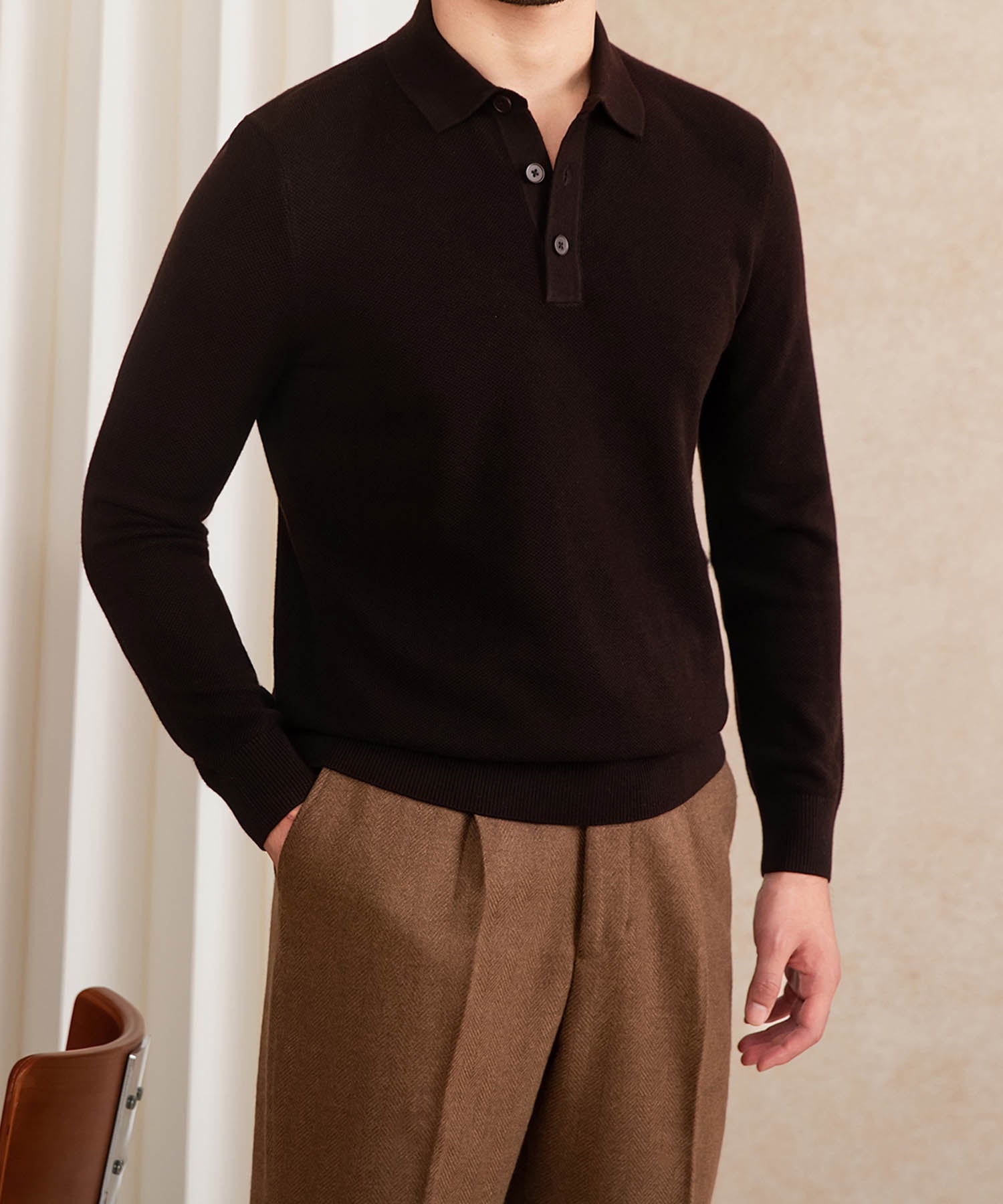 【COMING SOON】スリムフィット 機能性抜群 襟付き ミニマル シワになりにくい トップス ロングスリーブ ポロ リブ ニット セーター