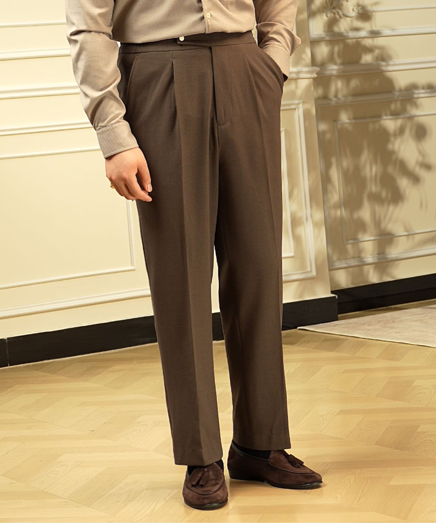 【COMING SOON】スリムフィット 1つボタン ラップウエスト ベルトレス タック クリース エレガント シワになりにくい ダブル トラウザー パンツ スラックス ズボン