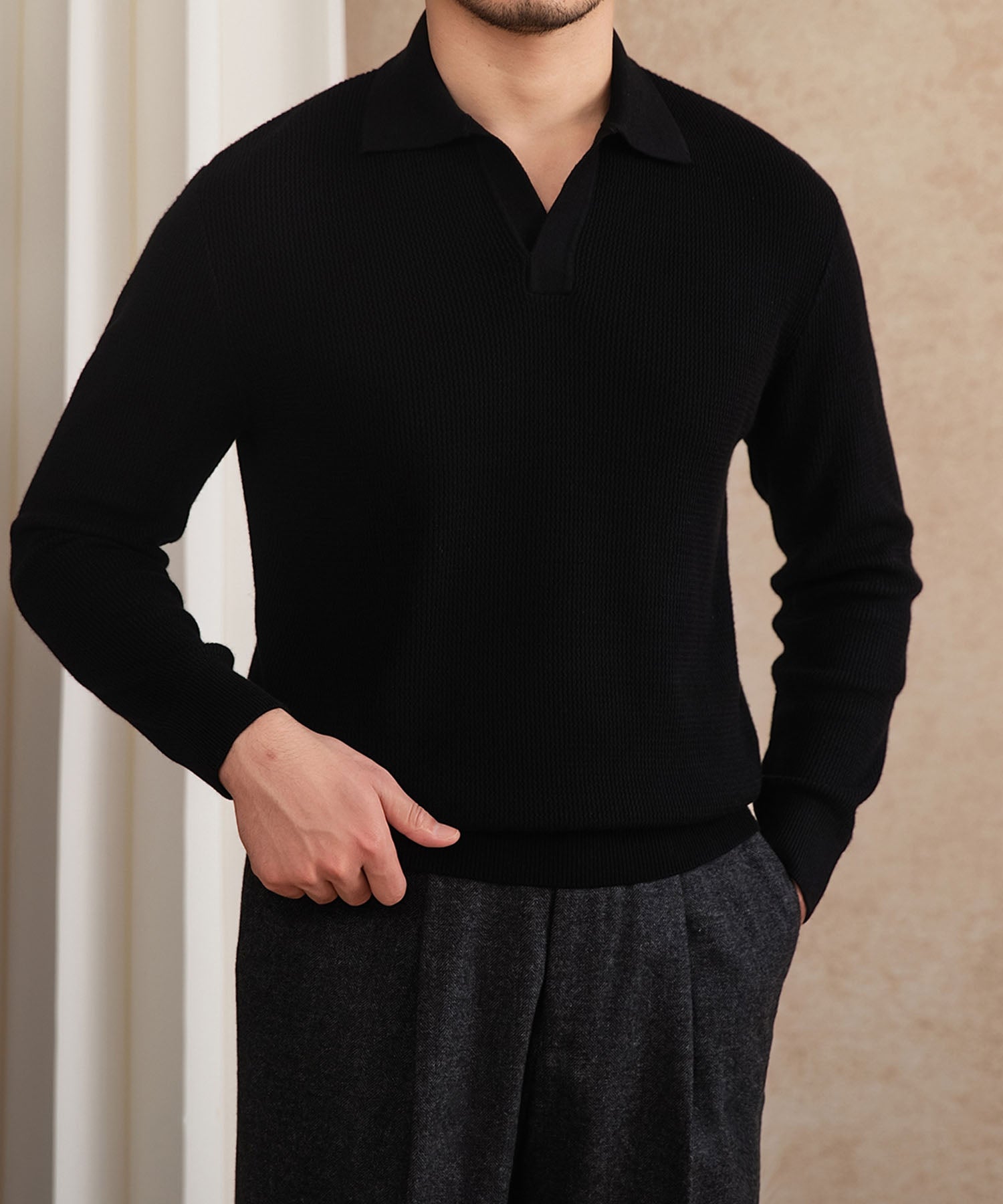 【NEW ITEM】スリムフィット 機能性抜群 襟付き 上品 シワになりにくい スマート トップス ロングスリーブ ポロ リブ ニット セーター