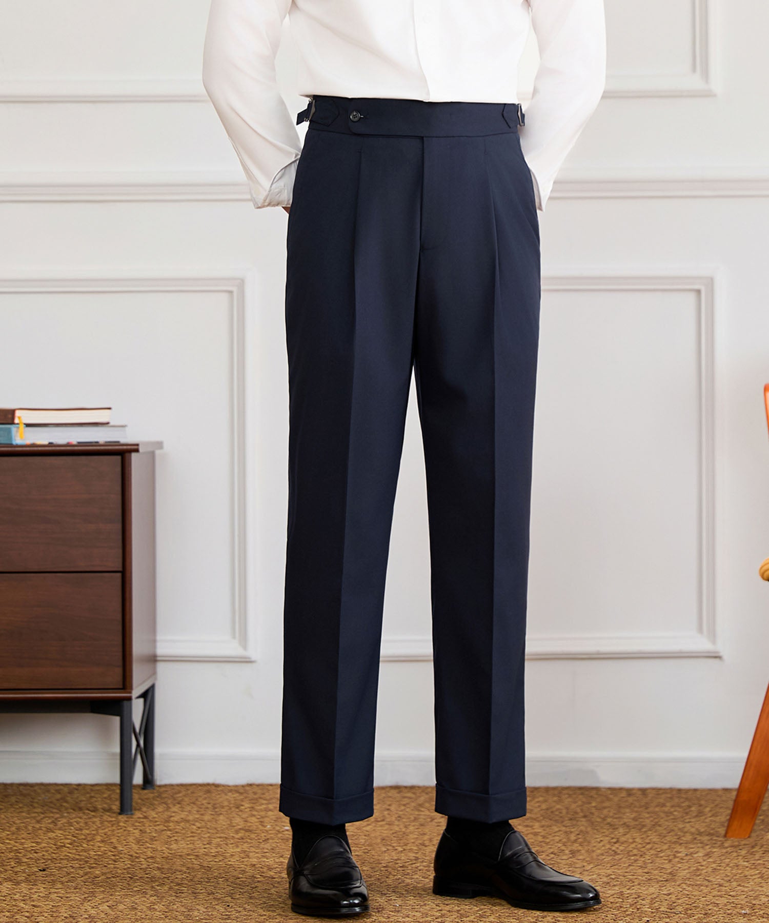 【NEW ITEM】スリムフィット 1つボタン ウエストサイドベルト ベルトレス サイズ調整可能 タック クリース シワになりにくい ダブル トラウザー パンツ スラックス ズボン