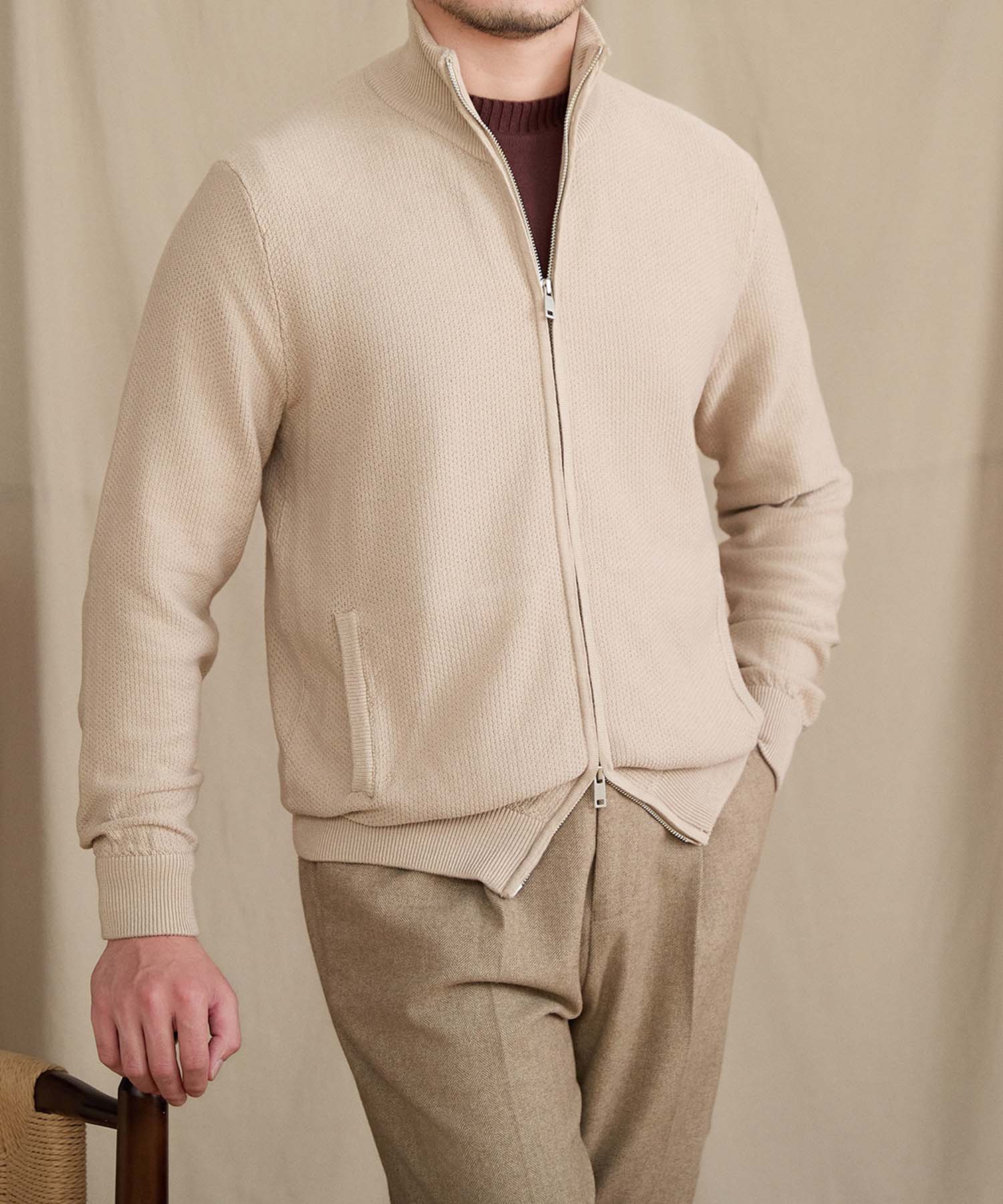 【NEW ITEM】スリムフィット 2WAY 機能性抜群 ウール 天然素材 オープン ジップ ハイゲージ シワになりにくい 清潔感 トップス リブ ニット セーター