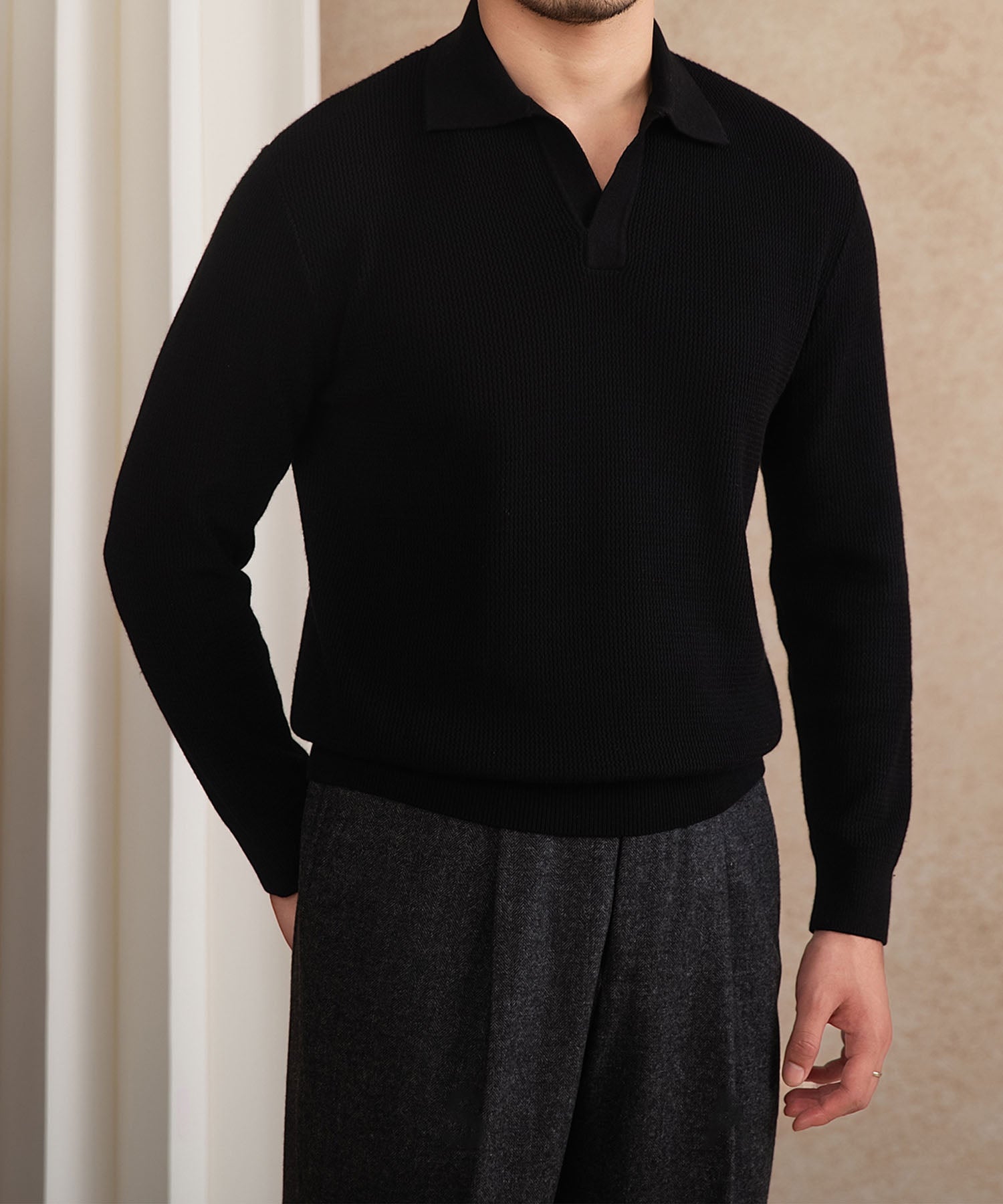 【NEW ITEM】スリムフィット 機能性抜群 襟付き 上品 シワになりにくい スマート トップス ロングスリーブ ポロ リブ ニット セーター