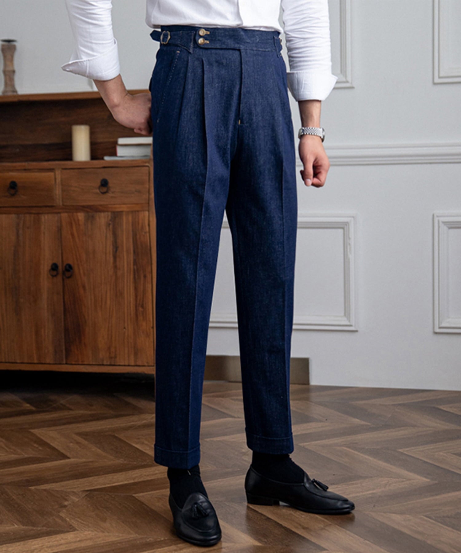 【ドラマ着用】デニム生地 2つボタン ウエストサイドベルト サイズ調整可能 メンズ ストレート トラウザー パンツ シワになりにくい エレガント スラックス ズボン