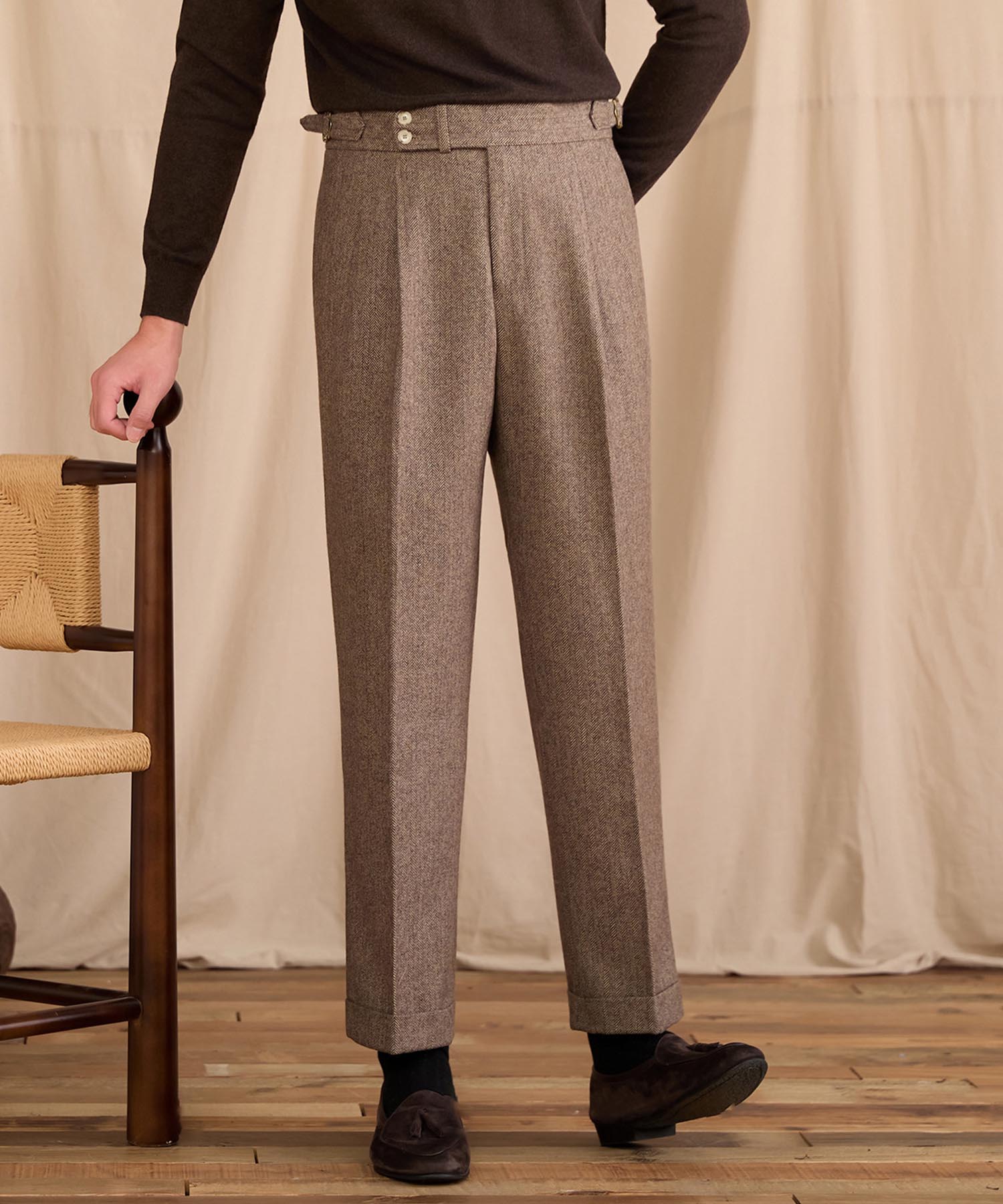 【NEW ITEM】レギュラーフィット 2つボタン ウエストサイドベルト サイズ調整可能 ウール ツータック クリース クラシック シワになりにくい ダブル トラウザー パンツ スラックス ズボン