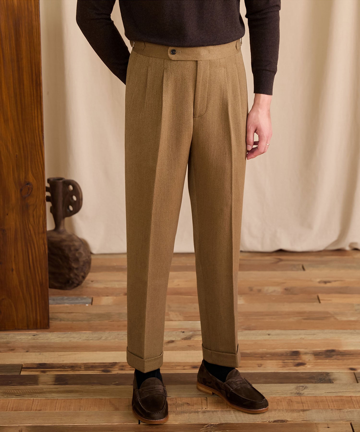 【NEW ITEM】スリムフィット 1つボタン ウエストサイドベルト サイズ調整可能 ウール ツータック クリース シワになりにくい ダブル トラウザー パンツ スラックス ズボン
