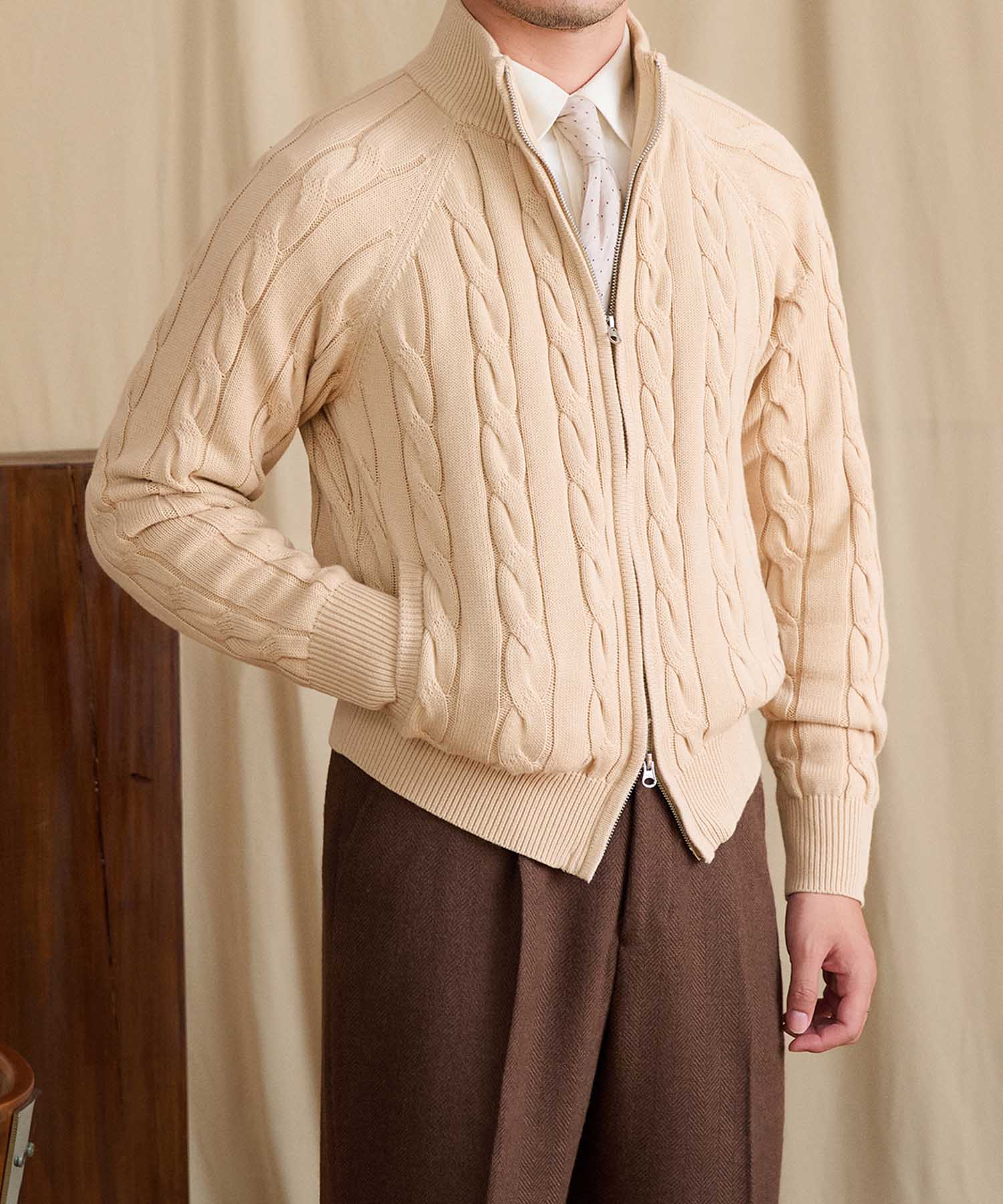 【NEW ITEM】スリムフィット 2WAY 機能性抜群 綿 天然素材 オープン ジップ ケーブル編み シワになりにくい 清潔感 トップス リブ ニット セーター