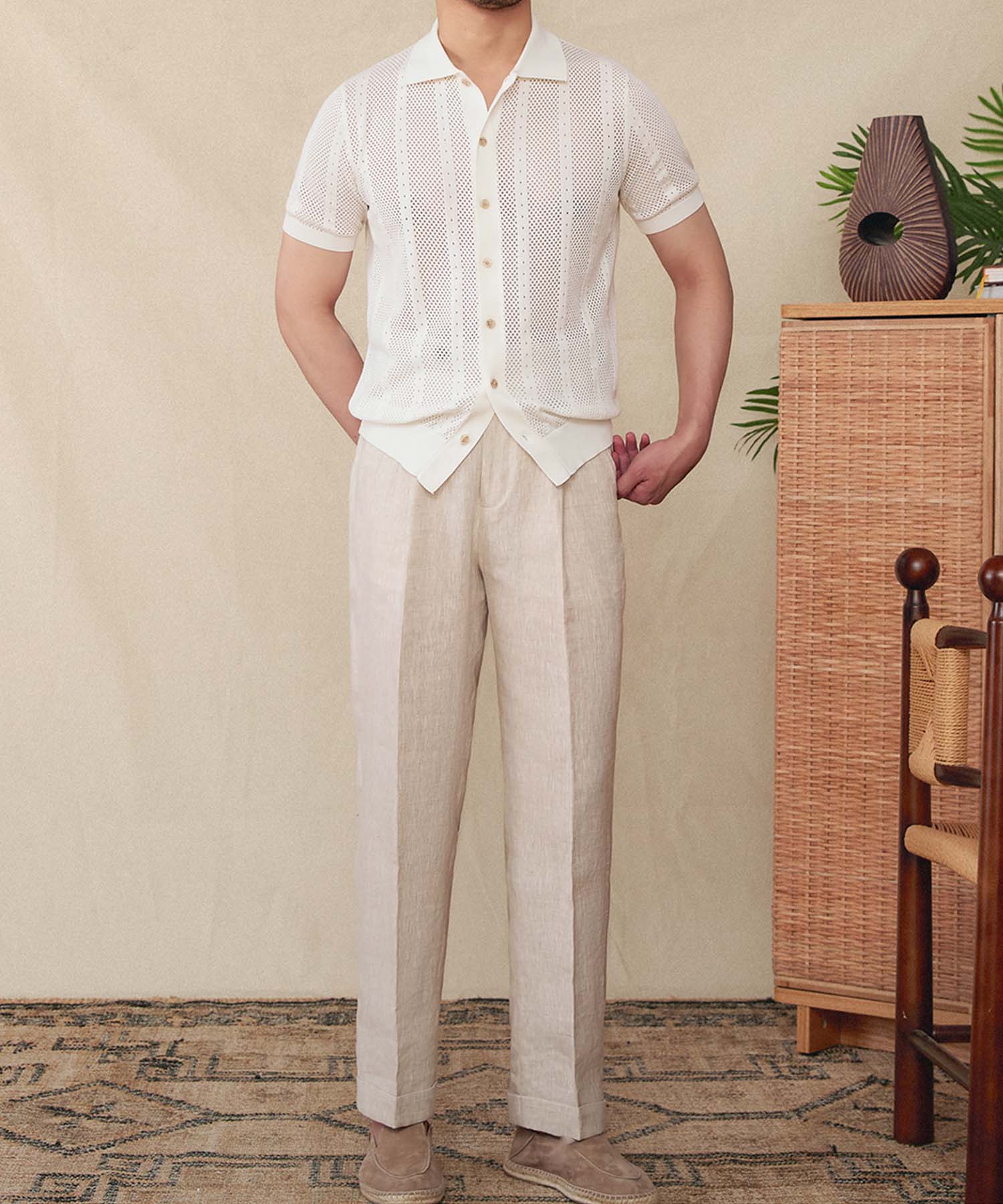 【NEW ITEM】スリムフィット 襟付き ボタン前あき メッシュ パンチング 綿 通気性抜群 シワになりにくい 清潔感 清涼感 トップス シャツ