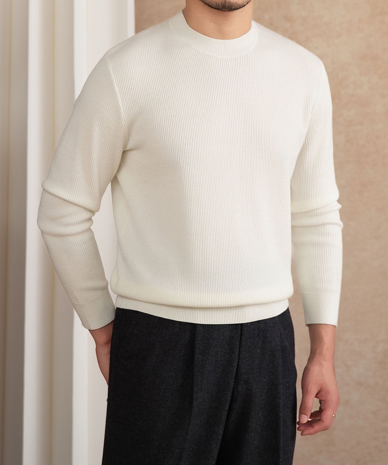 【NEW ITEM】スリムフィット 機能性抜群 ミニマル シワになりにくい 清潔感 トップス ロングスリーブ リブ ニット セーター