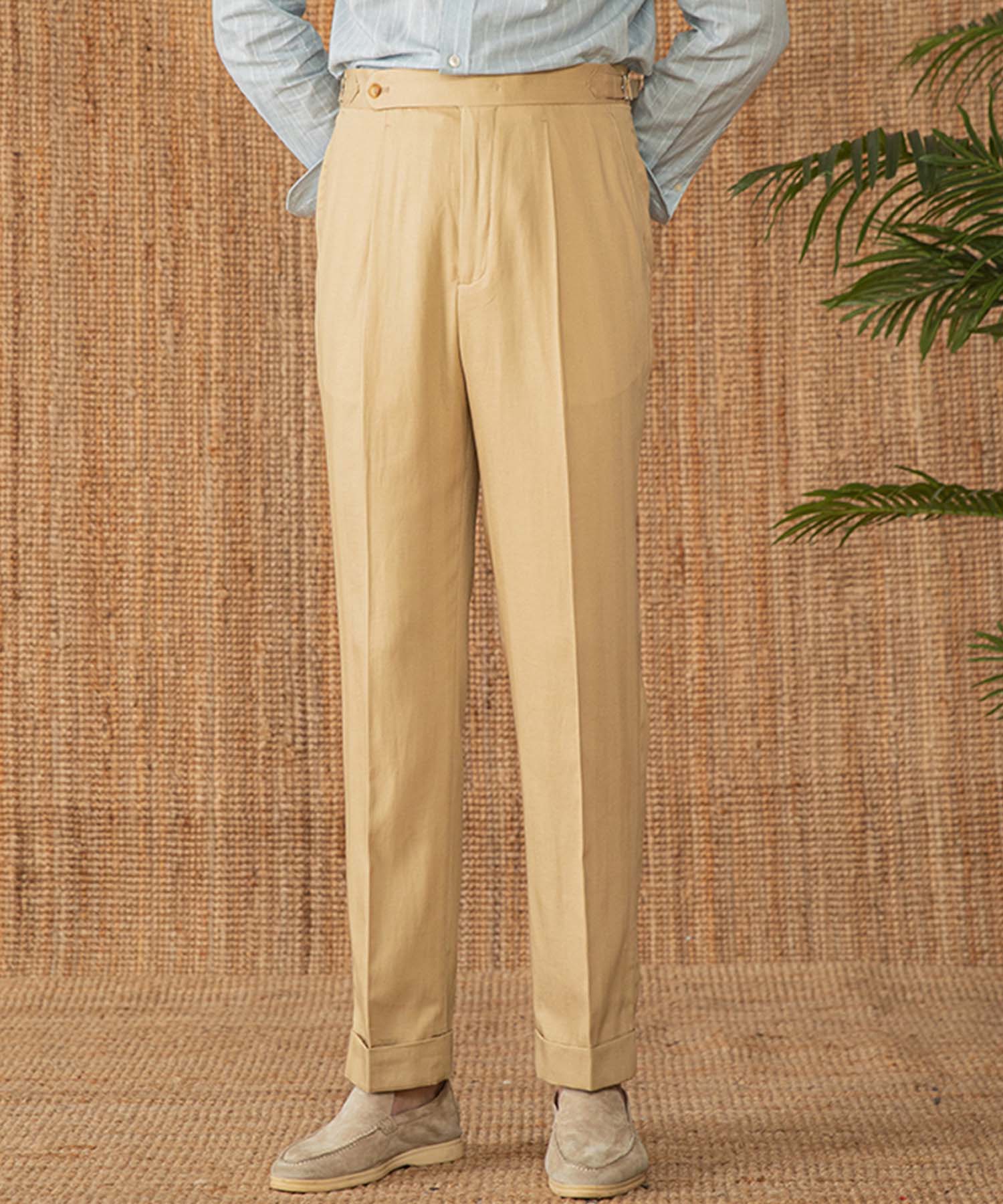 【NEW ITEM】レギュラーフィット 1つボタン ウエストサイドベルト サイズ調整可能 ストレート トラウザー パンツ シワになりにくい クラシック 麻 ダブル スラックス ズボン
