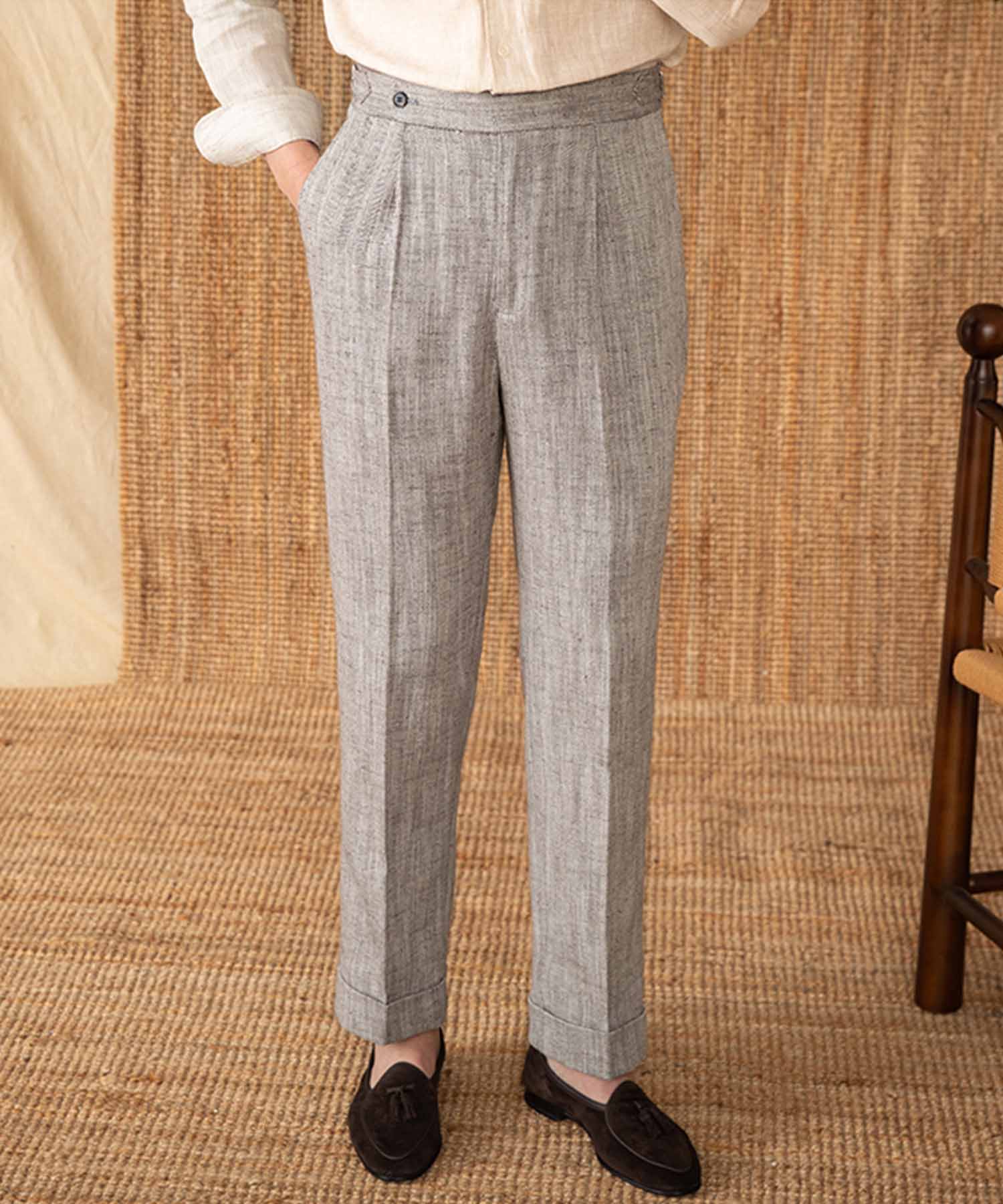 【NEW ITEM】レギュラーフィット 1つボタン ウエストサイドベルト サイズ調整可能 クリース トラウザー パンツ シワになりにくい 綿 麻 ダブル スラックス ズボン