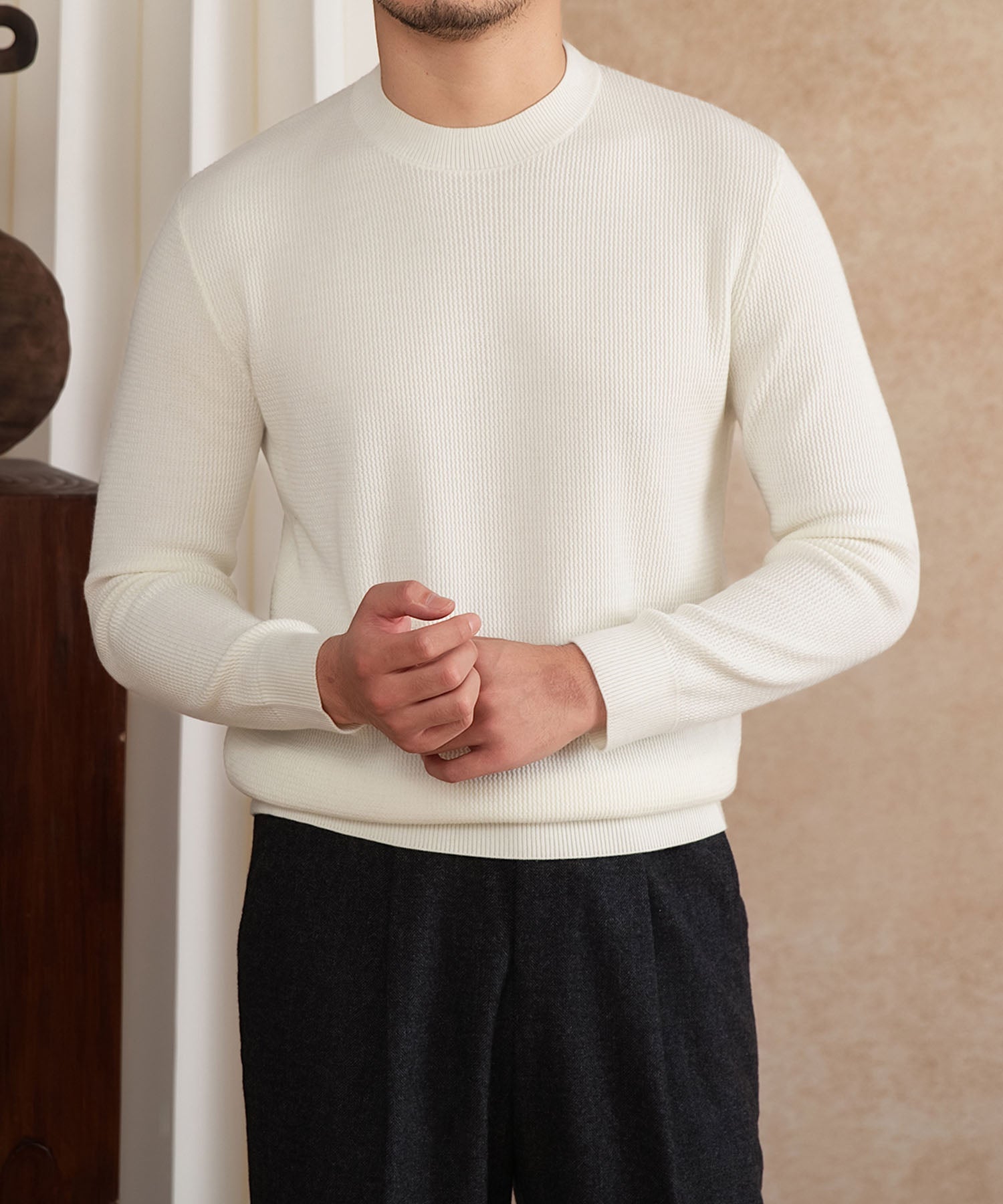 【NEW ITEM】スリムフィット 機能性抜群 ミニマル シワになりにくい 清潔感 トップス ロングスリーブ リブ ニット セーター