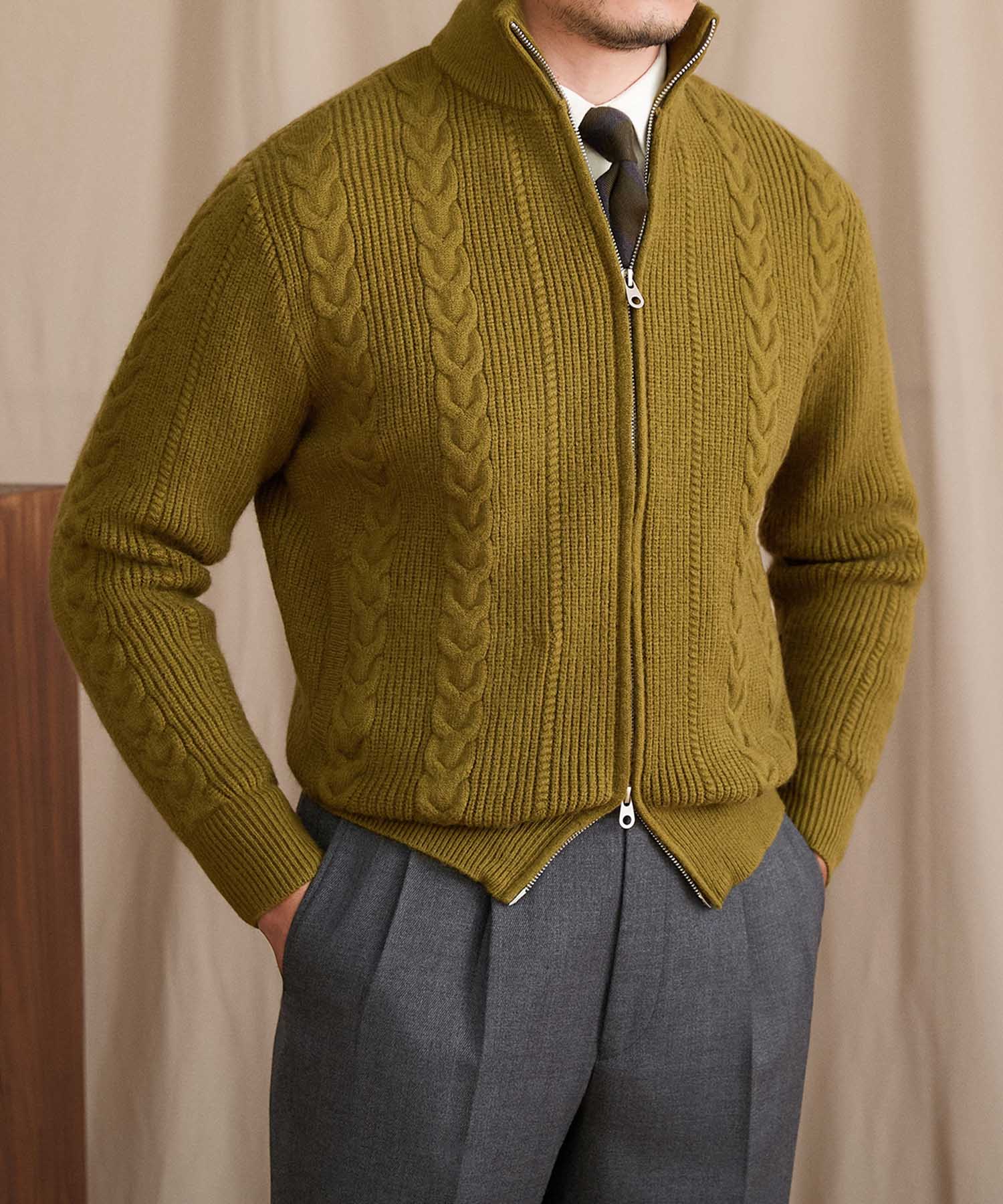 【COMING SOON】スリムフィット 2WAY 機能性抜群 オープン ジップ ケーブル編み シワになりにくい 清潔感 トップス リブ ニット セーター