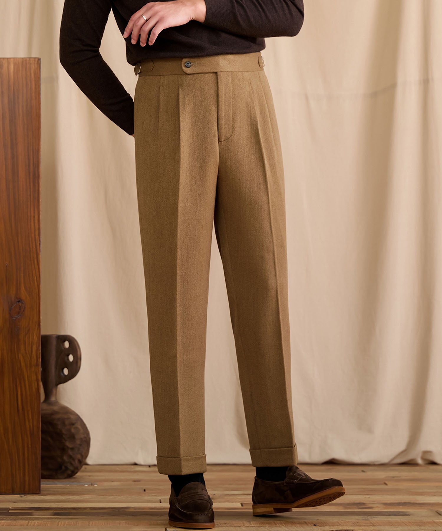 【NEW ITEM】スリムフィット 1つボタン ウエストサイドベルト サイズ調整可能 ウール ツータック クリース シワになりにくい ダブル トラウザー パンツ スラックス ズボン