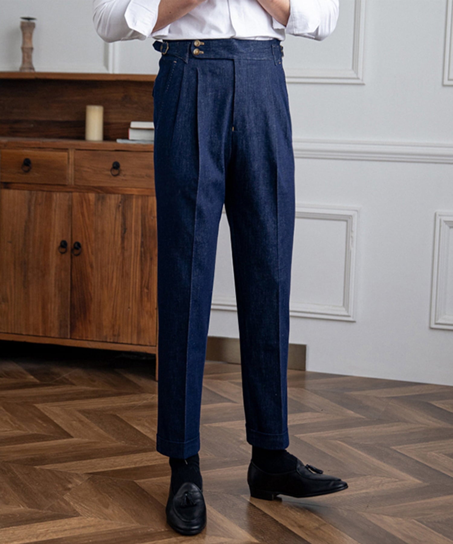 【ドラマ着用】デニム生地 2つボタン ウエストサイドベルト サイズ調整可能 メンズ ストレート トラウザー パンツ シワになりにくい エレガント スラックス ズボン