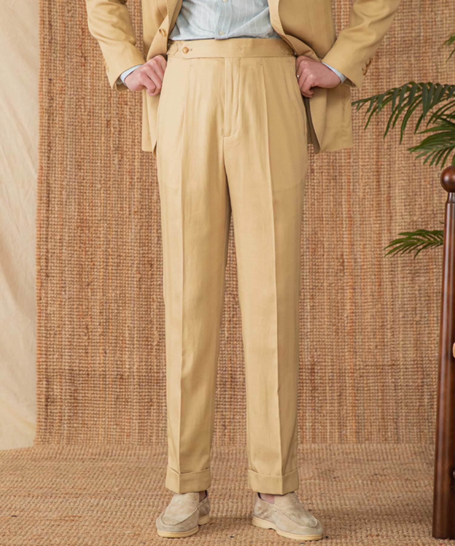 【NEW ITEM】レギュラーフィット 1つボタン ウエストサイドベルト サイズ調整可能 ストレート トラウザー パンツ シワになりにくい クラシック 麻 ダブル スラックス ズボン