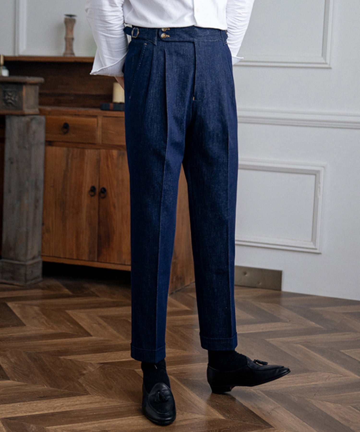 【ドラマ着用】デニム生地 2つボタン ウエストサイドベルト サイズ調整可能 メンズ ストレート トラウザー パンツ シワになりにくい エレガント スラックス ズボン