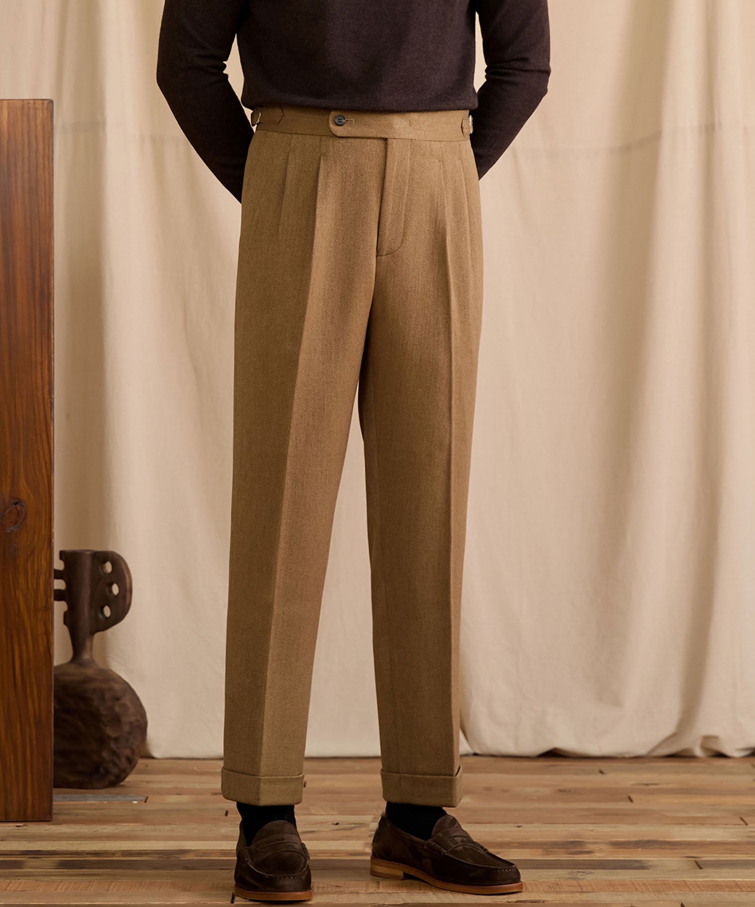 【NEW ITEM】スリムフィット 1つボタン ウエストサイドベルト サイズ調整可能 ウール ツータック クリース シワになりにくい ダブル トラウザー パンツ スラックス ズボン