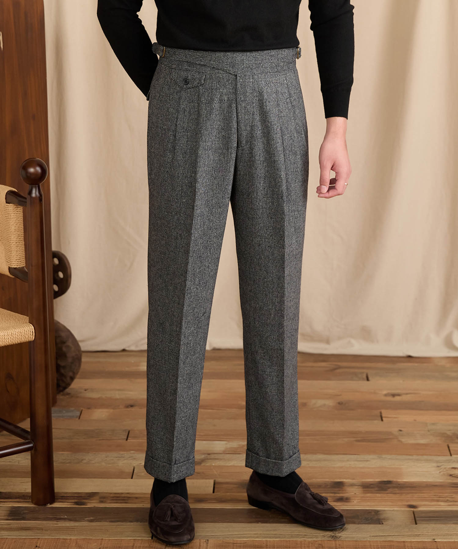 【NEW ITEM】レギュラーフィット 1つボタン ラップウエスト サイズ調整可能 ウール ハイウエスト コインポケット クリース クラシック シワになりにくい ダブル トラウザー パンツ スラックス ズボン
