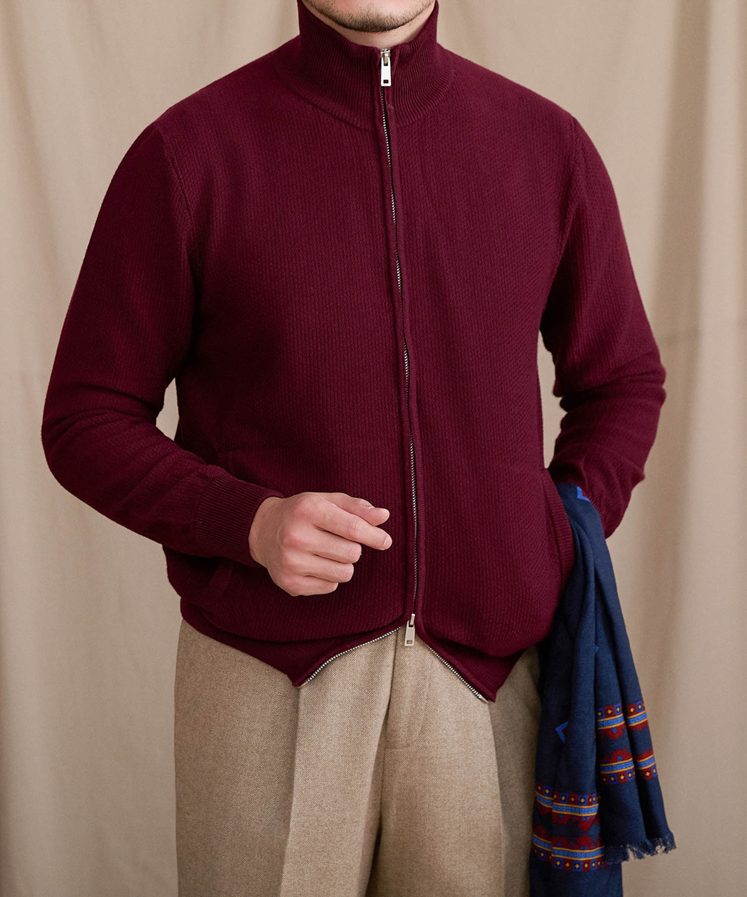 【NEW ITEM】スリムフィット 2WAY 機能性抜群 ウール 天然素材 オープン ジップ ハイゲージ シワになりにくい 清潔感 トップス リブ ニット セーター