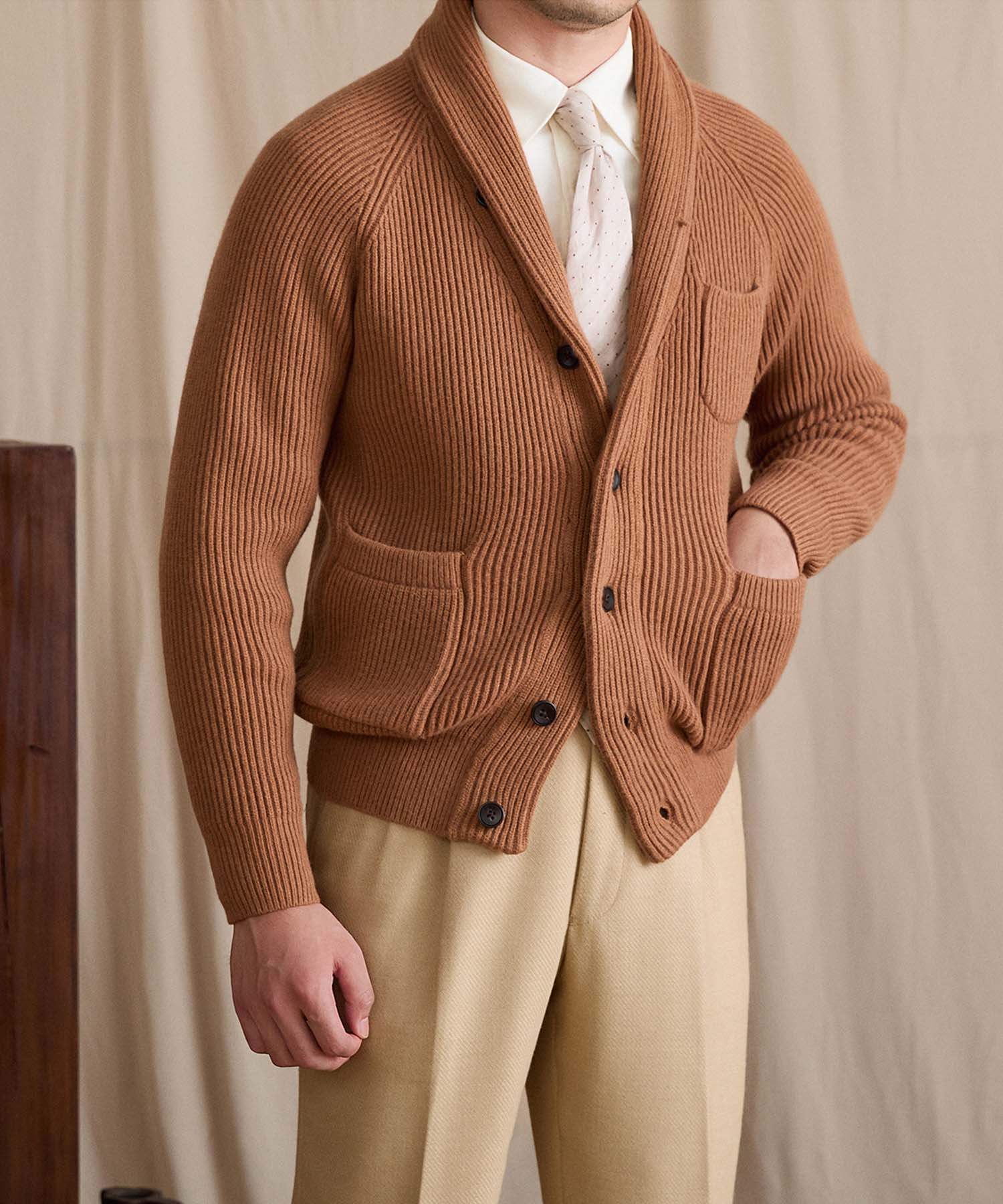 【NEW ITEM】スリムフィット 2WAY 機能性抜群 ウール 天然素材 ショールカラー ローゲージ シワになりにくい 清潔感 トップス リブ ニット セーター