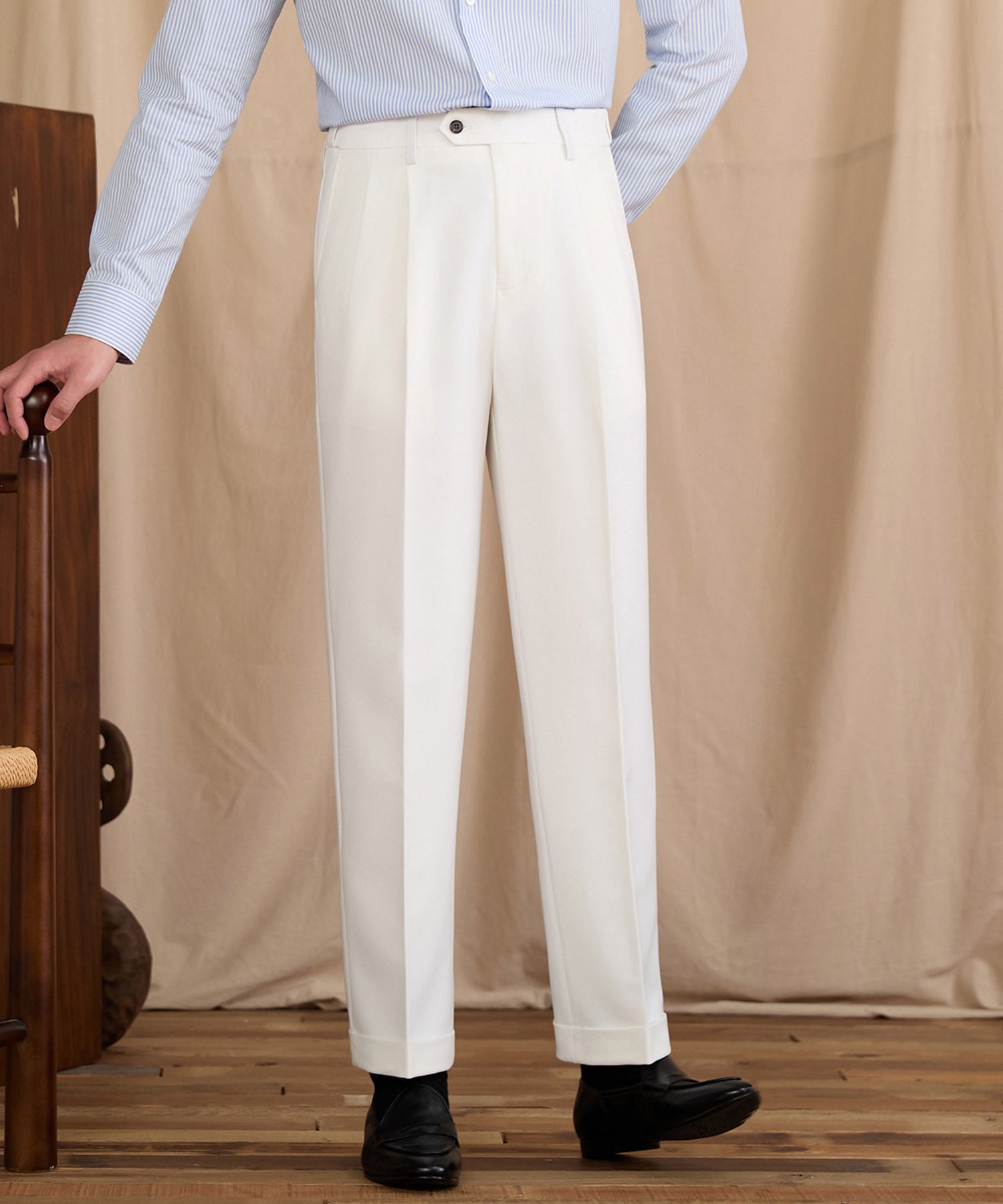 【NEW ITEM】レギュラーフィット 1つボタン ツータック クリース シワになりにくい モダン クラシック ダブル トラウザー パンツ スラックス ズボン