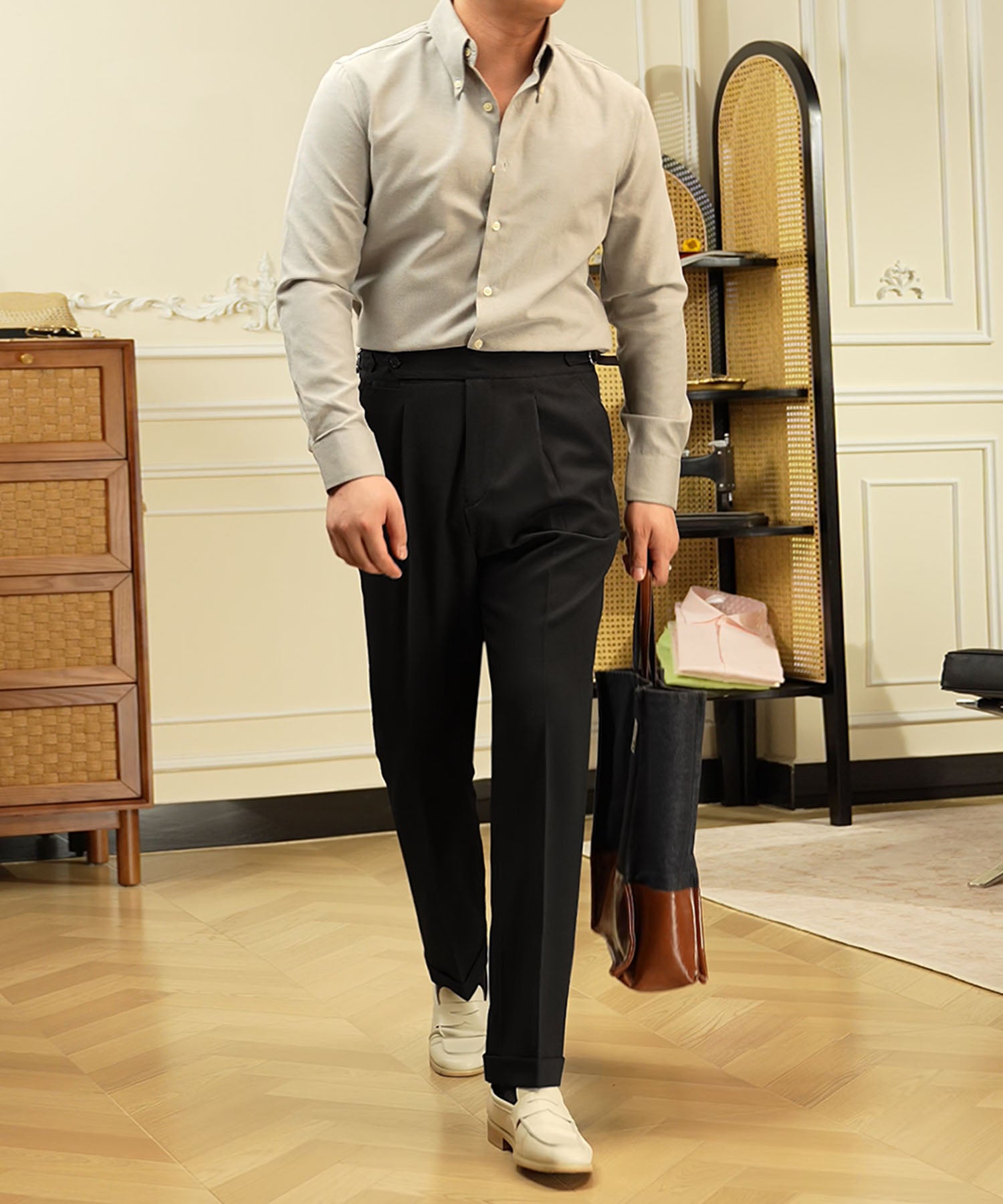 スリムフィット 1つボタン ウエストサイドベルト アジャスター サイズ調整可能 タック クリース シワになりにくい クラシック エレガンス ダブル トラウザー パンツ スラックス ズボン