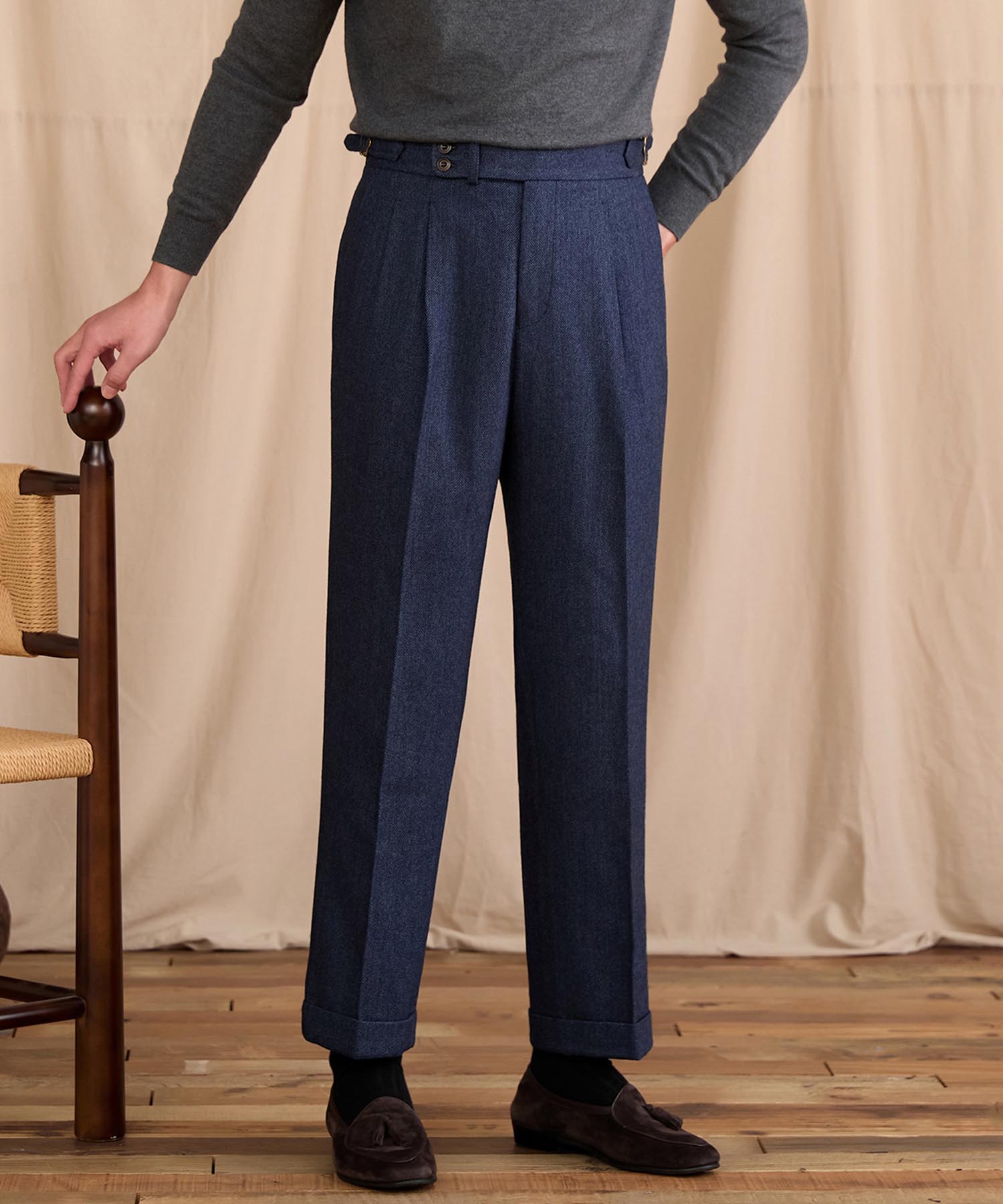 【NEW ITEM】レギュラーフィット 2つボタン ウエストサイドベルト サイズ調整可能 ウール ツータック クリース クラシック シワになりにくい ダブル トラウザー パンツ スラックス ズボン