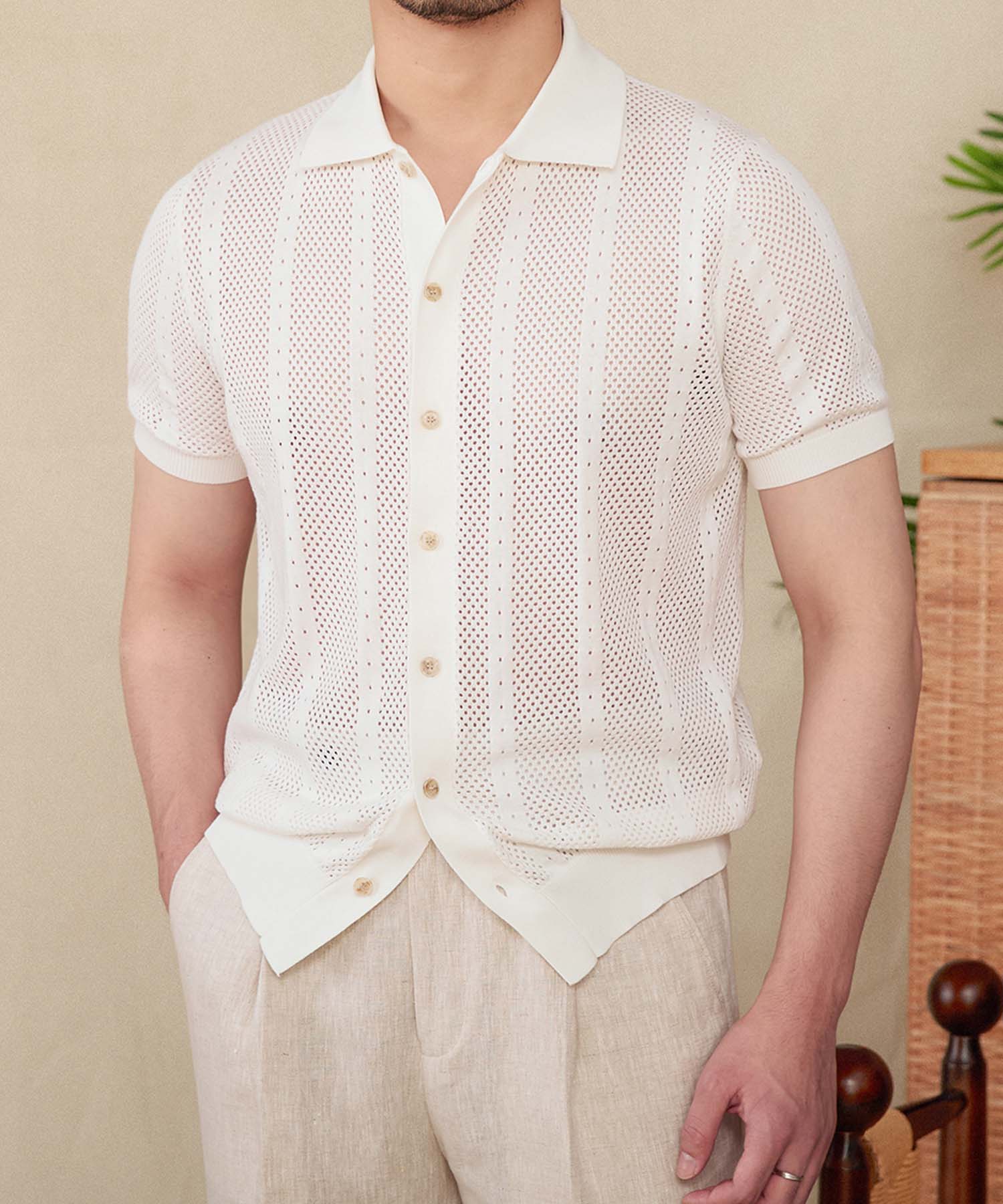【NEW ITEM】スリムフィット 襟付き ボタン前あき メッシュ パンチング 綿 通気性抜群 シワになりにくい 清潔感 清涼感 トップス シャツ
