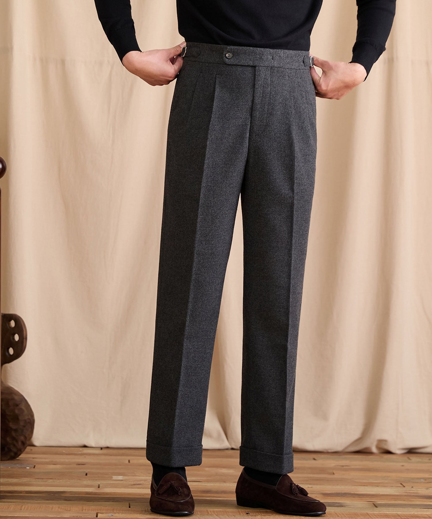 レギュラーフィット 1つボタン ウール 天然素材 ウエストサイドベルト サイズ調整可能 ツータック クリース シワになりにくい メランジェ ダブル トラウザー パンツ スラックス ズボン