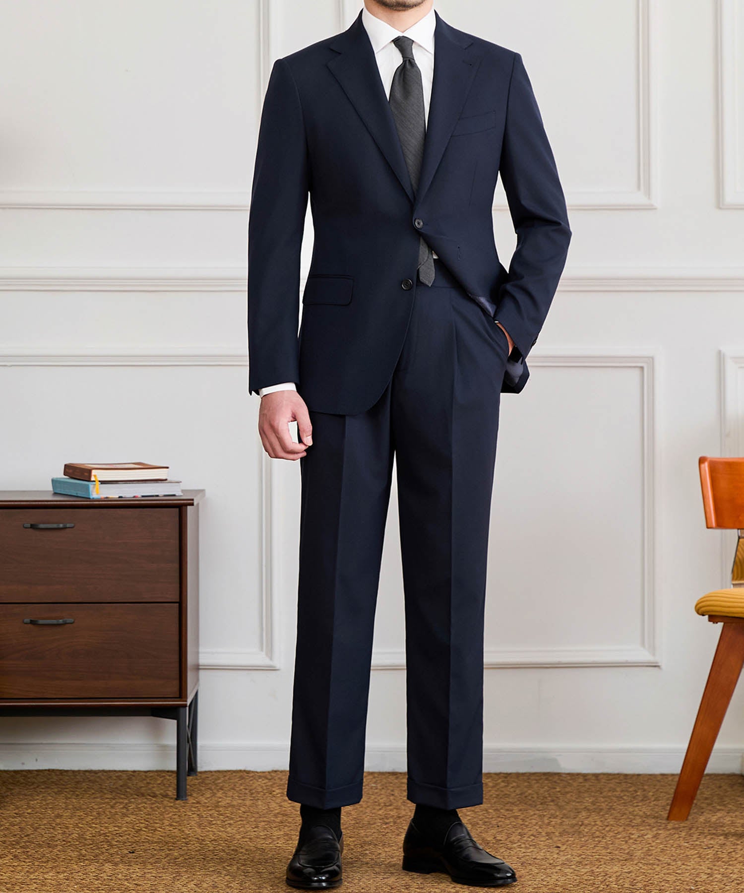 【NEW ITEM】スリムフィット シングルブレスト ノッチドラペル フラップポケット ベーシック スタンダード 機能性抜群 シワになりにくい エレガント セットアップ